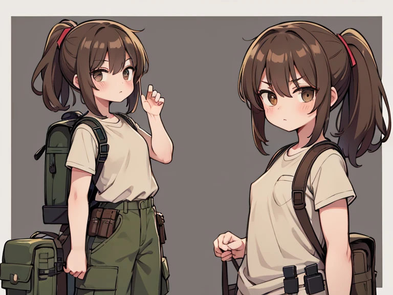 Two characters in a scene boy and girl (absolutely identical twins brother and sister)with the same cute beautiful girlish features, The first character is a handsome, modest, round-faced, brown-eyed boy with an ideal masculine physique., with semi-long brown hair tied in a ponytail, Military style (marsh color T-shirt, military style trousers with patch pockets, massive high infantry boots, backpack), and the second character is strong, very muscular feminist girl with aesthetic small breasts with beautiful erect nipples, with very tousled shaggy semi-long brown hair, hair between the eyes, Brown eyes, beautiful face, an athlete with well-developed proportional muscles, khaki racer jersey(absolutely no bra), military style trousers with patch pockets, massive high infantry boots, backpack; talk to each other, different emotions, free pose, free interaction with each other, against the backdrop of the nature of central Russia