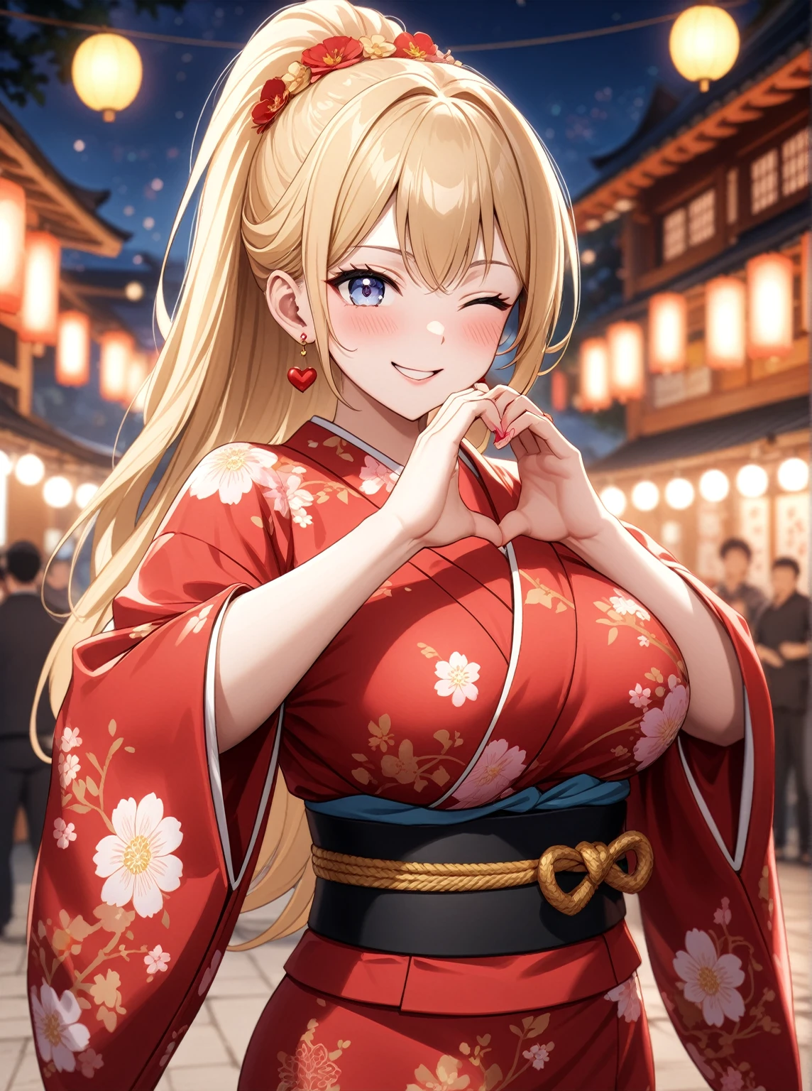 ((One woman)), Beautiful Face,Laughing embarrassedly,((Wink:2.0)),Blushing,Glossy pink lips,night,Shrine Festivals,firework, ((Anime style background)),masterpiece, highest quality, so beautiful, up to date, Complex details, (Pink long nails),AI-generated, Complex,High resolution, highest quality, super high quality,3D Images、View the viewers、3D Images,one person,Long Blonde Hair,High Ponytail,blue eyes,Anime woman posing for a photo, [[Fine grain、Colorful eyes、Shining Eyes:1.15]],(Squint your eyes:1.1),a hyperRealistic , hyperRealistic , Realistic , Blonde anime woman with long hair, Smooth anime CG art, A woman in a colorful kimono with gold embroidery, Red kimono,Flower pattern kimono,Long flower hair ornament,Earrings,(Large Breasts:1.2),Mature Body,tall,Big Ass,Fine details,Trained abdominal muscles,(A woman making a heart sign with her hands),Put your hands together,Tilt your face