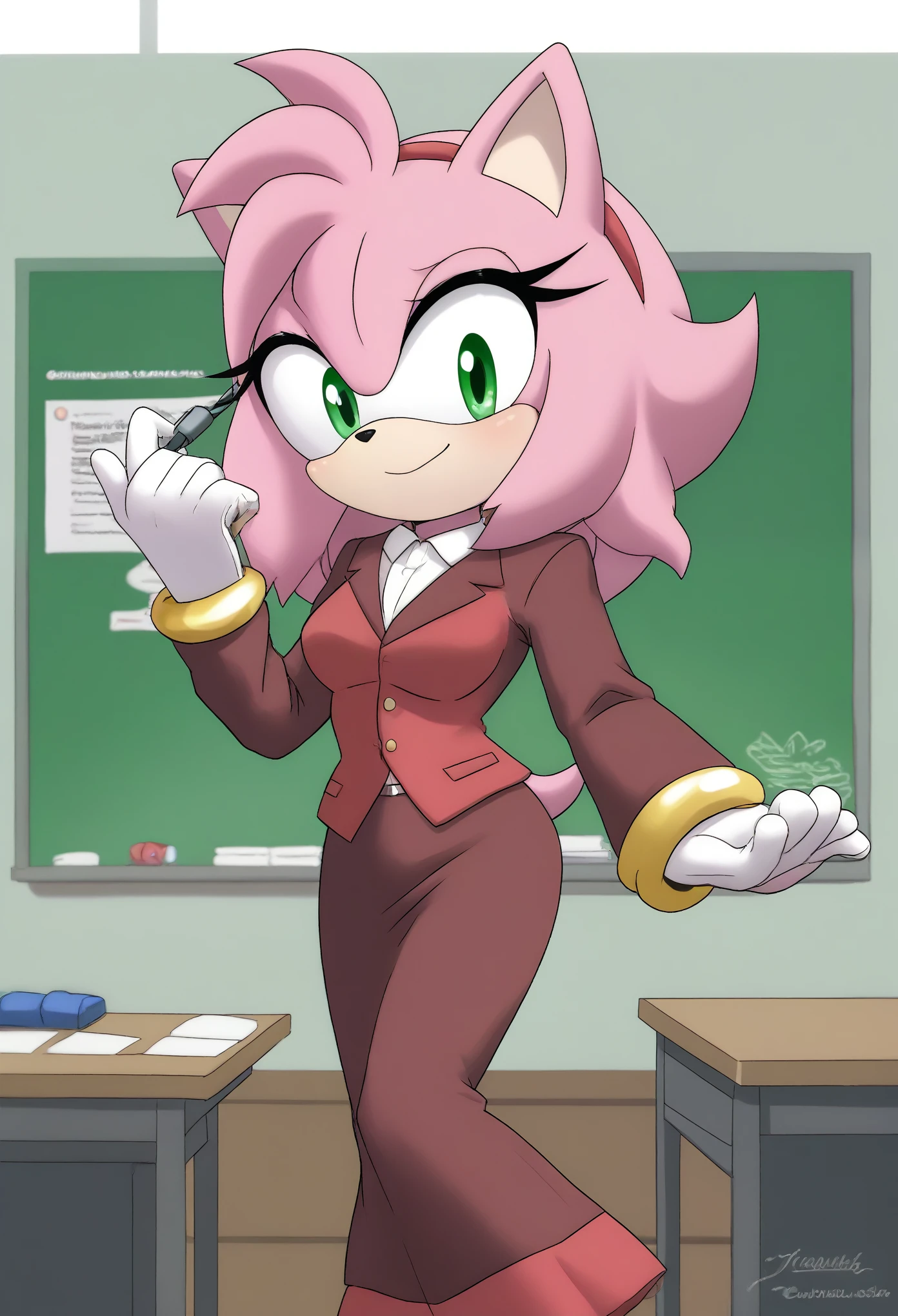 Female Hedgehog, Amy Rose, (1girl), (solo), hair down, long wavy hair/quills, body, medium breasts, eyelashes, cute smile, school house, dressed as a teacher, classroom, daytime, mobian, mobius city
