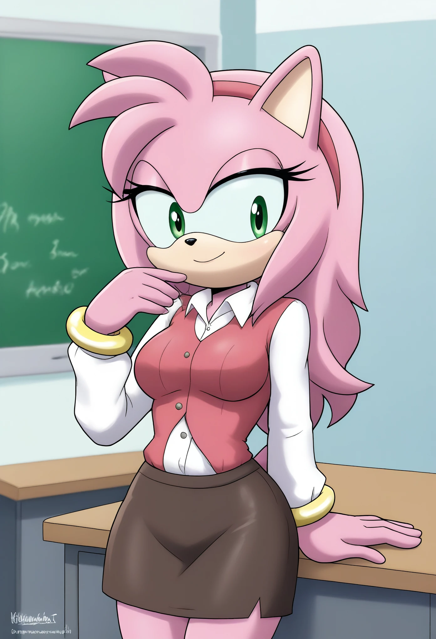 Female Hedgehog, Amy Rose, (1girl), (solo), hair down, long wavy hair/quills, body, medium breasts, eyelashes, cute smile, school house, dressed as a teacher, classroom, daytime, mobian, mobius city
