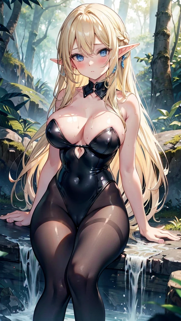 Blonde hair and blue eyes Long Hair Elf Big Breasts naked Wet in the forest Black leotard Embarrassing black tights Erotic blush Large Breasts Beauty cute Highest quality SM Whip