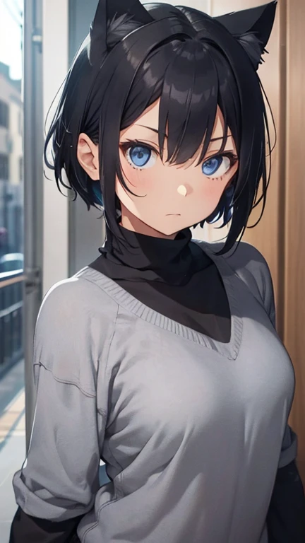 Black sweater,Small breasts,Short Hair,Grey Hair,Blue Eyes,Cat ear,Resolute expression,Upright posture,Around age 36,