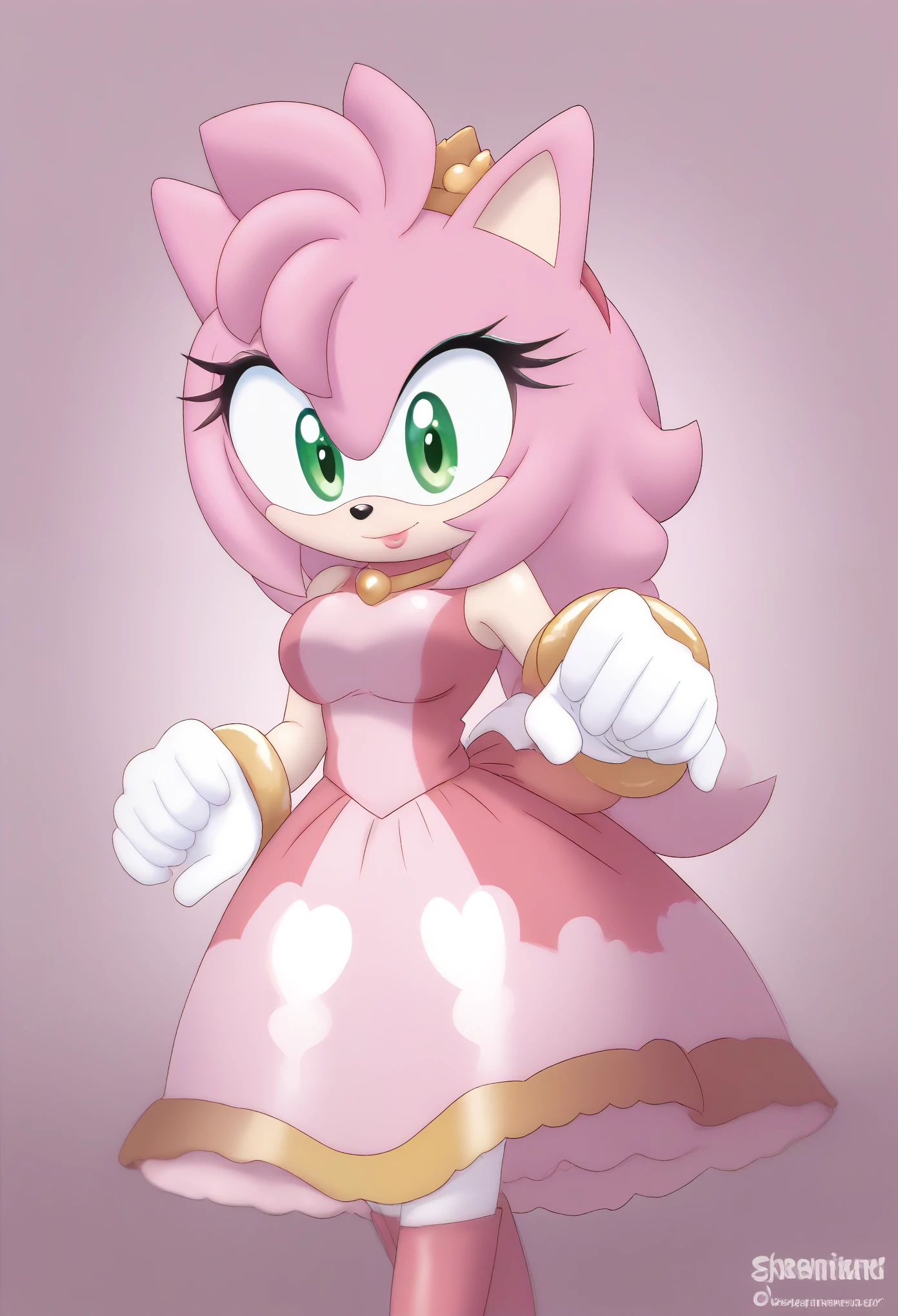 Female Hedgehog, ((Amy Rose)), (1girl), (solo), hair down, long wavy hair/quills, body, medium breasts, eyelashes, cute smile, makeup, light on the lipstick, dressed as Peach, Princess Peach dress, (cosplay), pink colored dress, Peach attire, royal bedroom, daytime, mobian, mobius city