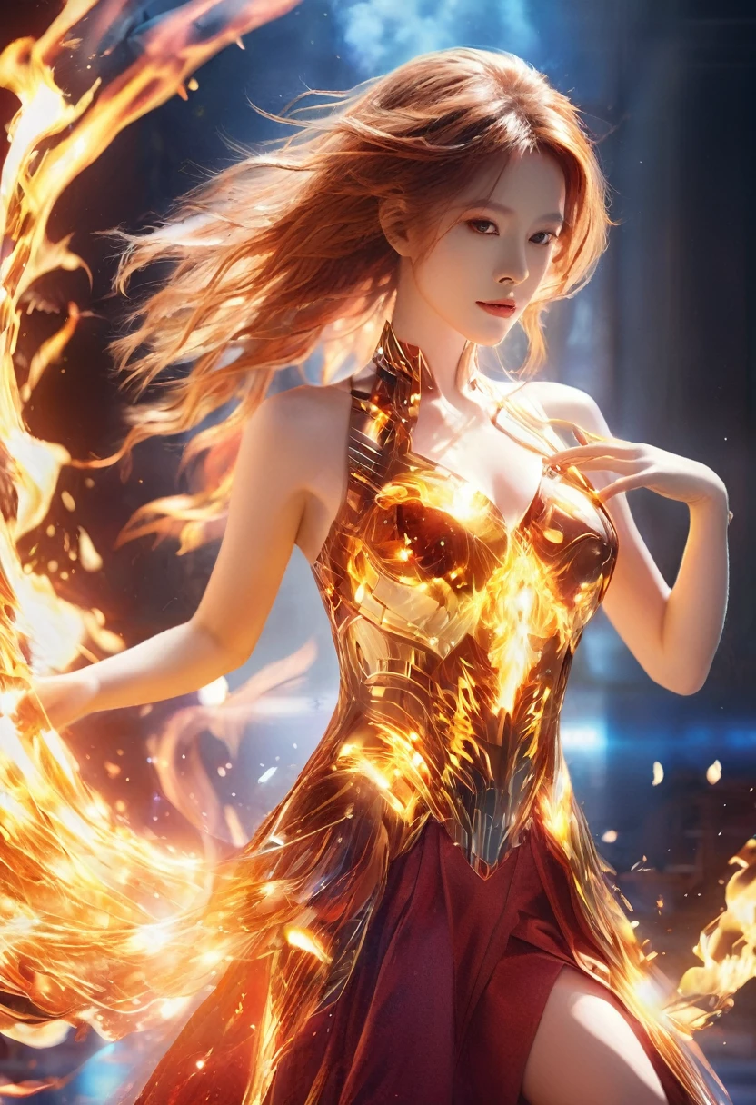 (masterpiece, high quality, best quality, official art, beauty and aesthetics:1.2),Uql,(fire element:1.1),composed of fire elements,(1 woman:1.45),(Gundam:0.6),very realistic,elegant pose,transparency,science fiction light effects,(lighting circuit board:1.6),dress,flame,