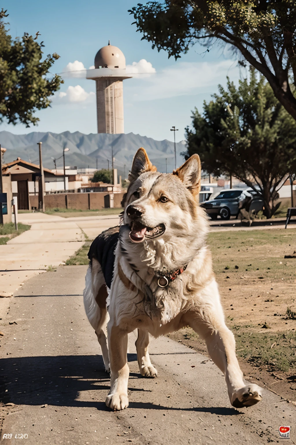 Un lobo escapando de un perro grande 