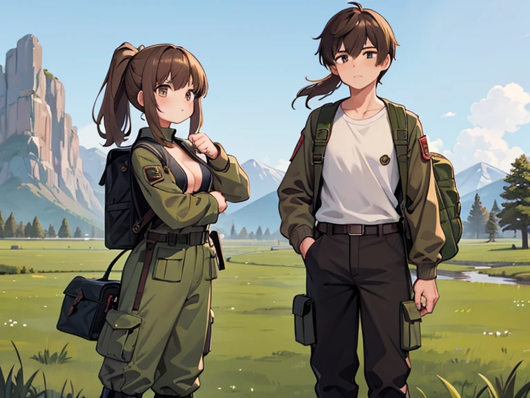 Two characters in a scene boy and girl (absolutely identical twins brother and sister)with the same cute beautiful girlish features, The first character is a handsome, modest, round-faced, brown-eyed boy with an ideal masculine physique., with semi-long brown hair tied in a ponytail, Military style (marsh color T-shirt, military style trousers with patch pockets, massive high infantry boots, backpack), and the second character is strong, very muscular feminist girl with aesthetic small breasts with beautiful erect nipples, with very tousled shaggy semi-long brown hair, hair between the eyes, Brown eyes, beautiful face, an athlete with well-developed proportional muscles, khaki racer jersey(absolutely no bra), military style trousers with patch pockets, massive high infantry boots, backpack; talk to each other, different emotions, free pose, free interaction with each other, against the backdrop of the nature of central Russia