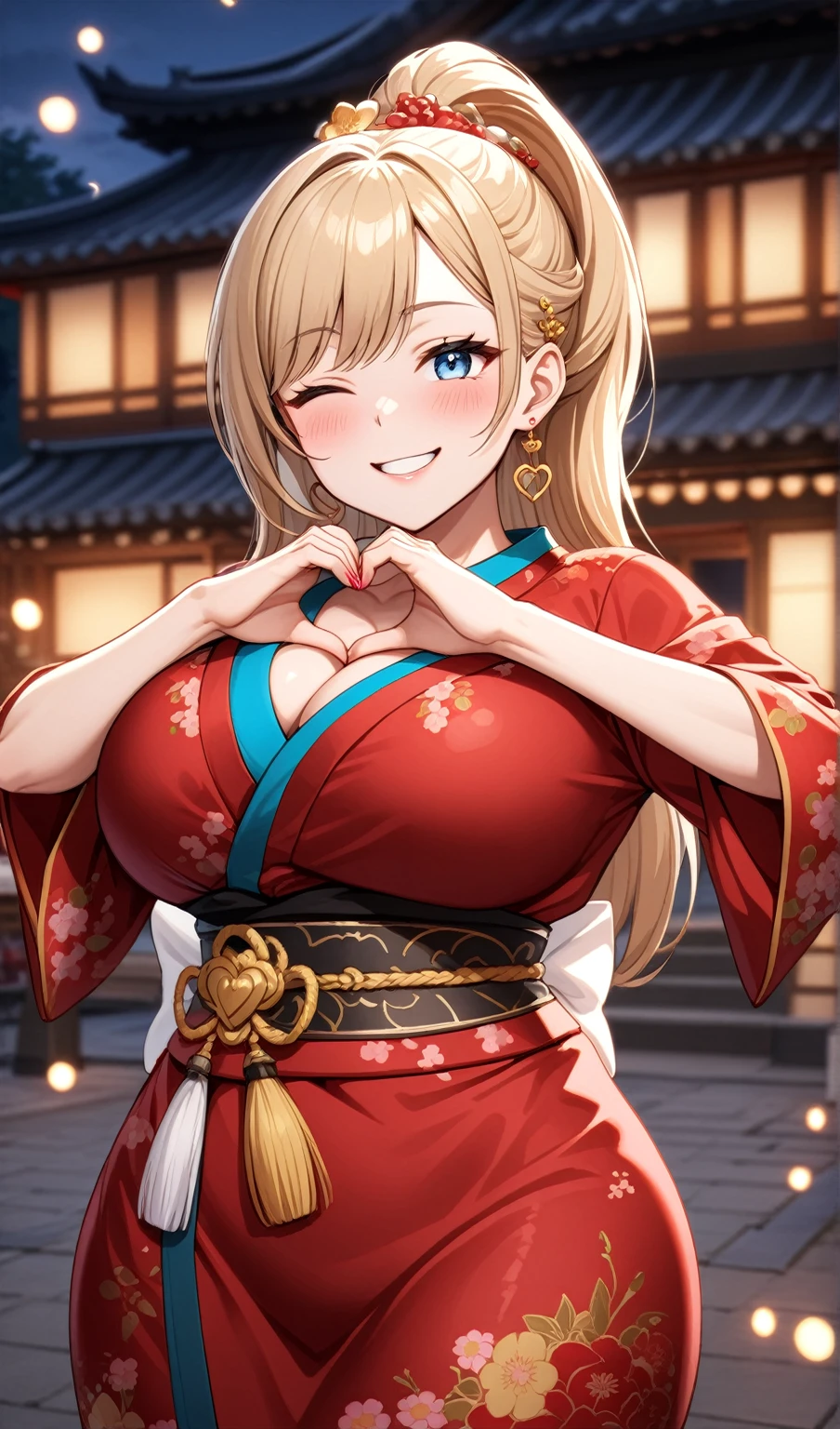 ((One woman)), Beautiful Face,Laughing embarrassedly,((Wink:2.0)),Blushing,Glossy pink lips,night,Shrine Festivals,firework, ((Anime style background)),masterpiece, highest quality, so beautiful, up to date, Complex details, (Pink long nails),AI-generated, Complex,High resolution, highest quality, super high quality,3D Images、View the viewers、3D Images,one person,Long Blonde Hair,High Ponytail,blue eyes,Anime woman posing for a photo, [[Fine grain、Colorful eyes、Shining Eyes:1.15]],(Squint your eyes:1.1),a hyperRealistic , hyperRealistic , Realistic , Blonde anime woman with long hair, Smooth anime CG art, A woman in a colorful kimono with gold embroidery, Red kimono,Flower pattern kimono,Long flower hair ornament,Earrings,(Large Breasts:1.2),Mature Body,tall,Big Ass,Fine details,Trained abdominal muscles,(A woman making a heart sign with her hands),Put your hands together,Tilt your face at an angle