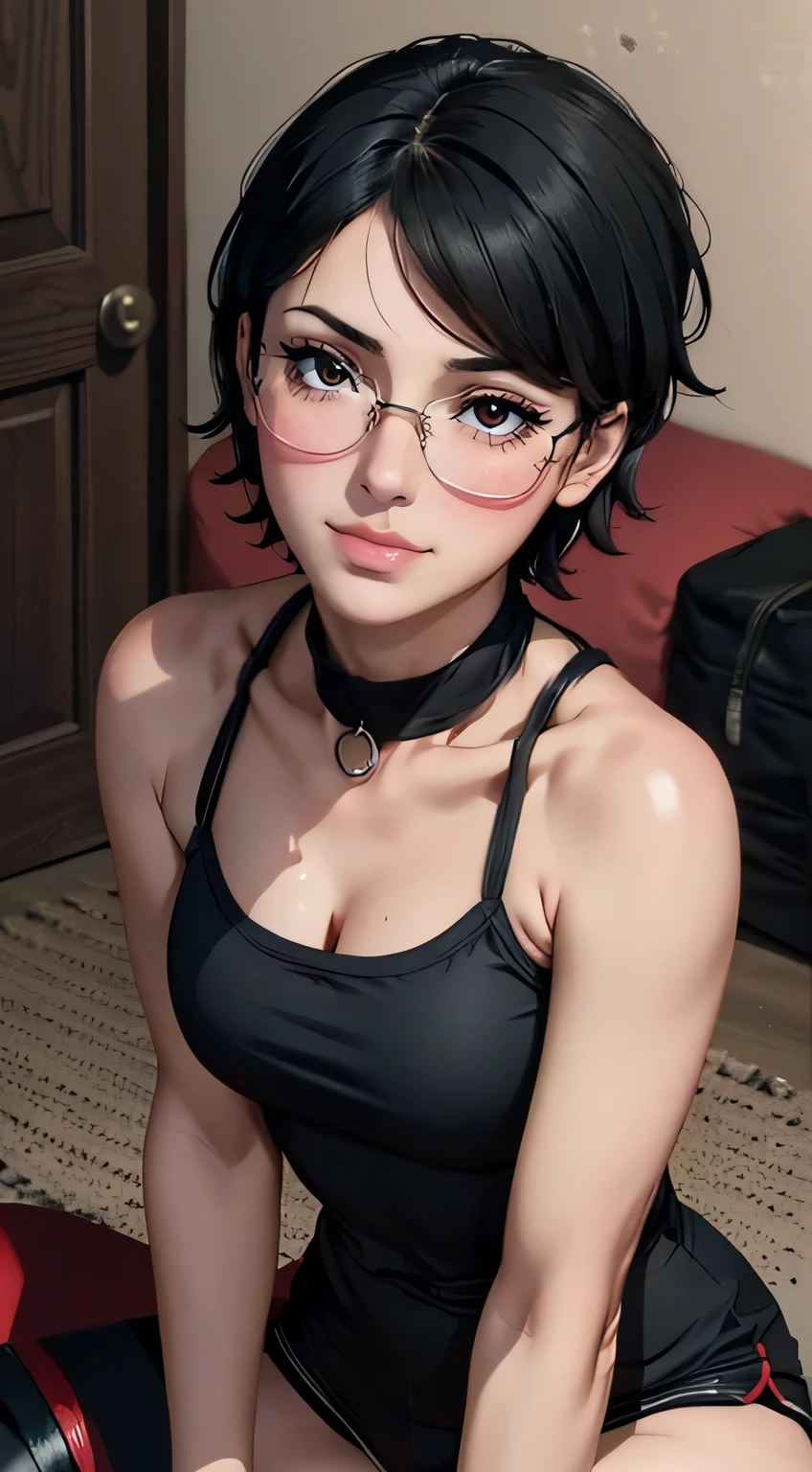 (best quality:1.3), (4k quality),(sharp image), Sarada, ((Detailed face)), ((masterpiece face)),((perfect detailed eyes)) (blush), Sarada, black hair,  black short  hair, red eyes, red lips, red lips, sly face, face with stern features, ((detailed face)), perfect face, highly detailed eyes, masterpiece, absurdres , (intricate details), (colorful),cinematic lighting,extremely detailed CG unity 8k wallpaper , 1girl, solo,mature female, erected tits, fit body, cameltoe, glasses, bomber, black boots, black tight top, black shorts, bedroom , naughty smile, (( small  breast)), 