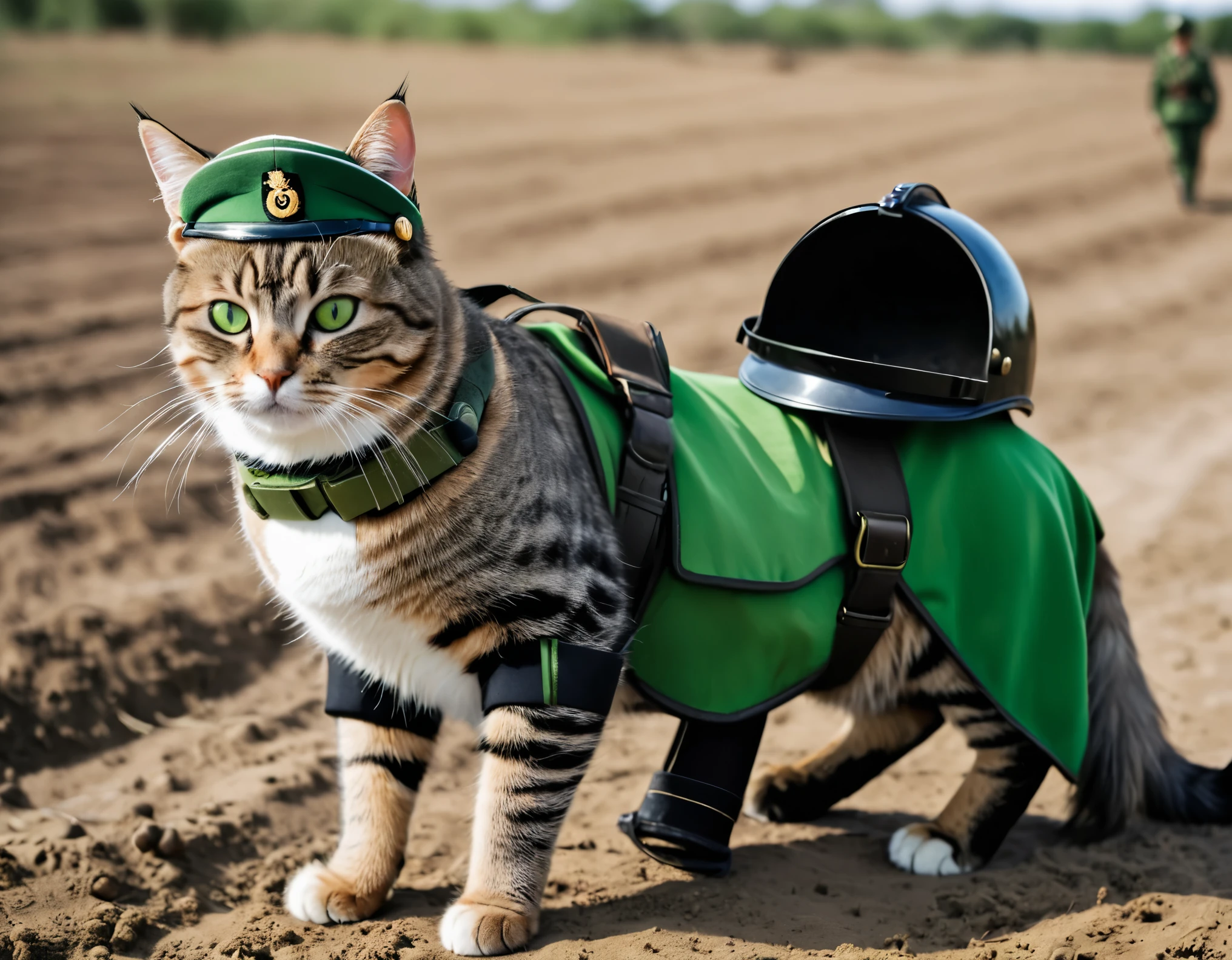 full shot photography, en full HD, 16k, de un gato esfinge con uniforme militar de boinas verdes con casco en la cabeza, Montado en un caballo negro de pura raza , cruzando un campo de caos y gurra