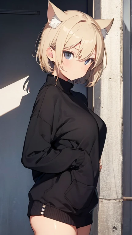 Black sweater,Small breasts,Short Hair,blondeHairColor,Black Eye,Cat ear,Resolute expression,Upright posture,Around age 36,