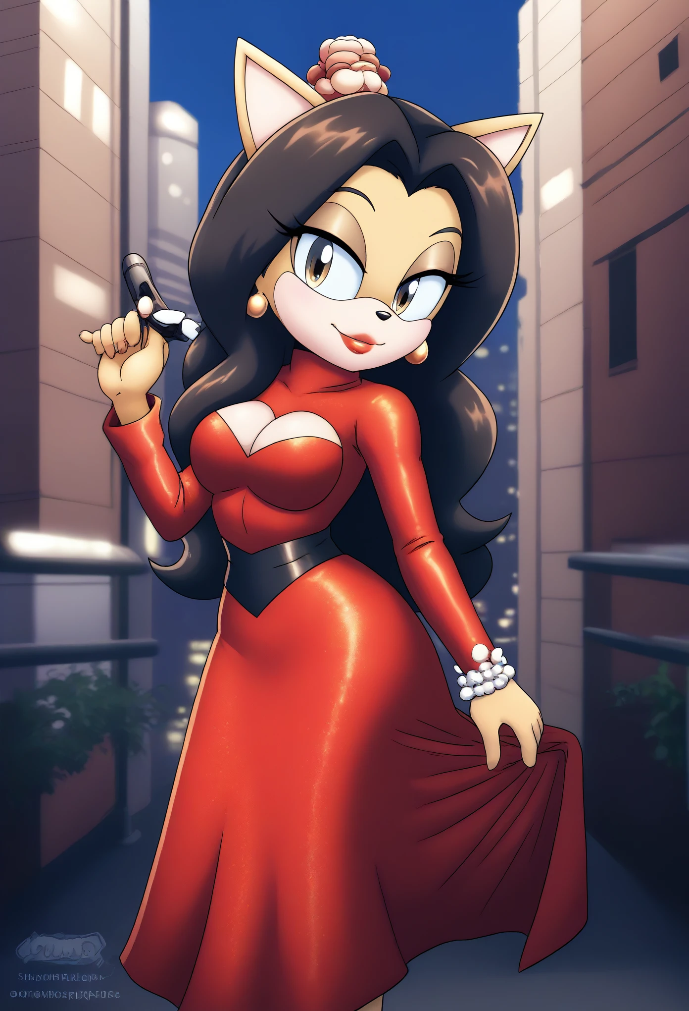 Female cat, ((Honey the Cat)), (1girl), (solo), hair down, long wavy hair, body, medium breasts, eyelashes, cute smile, makeup, light on the lipstick, dressed as Pauline from Super Mario series, (Pauline dress), (cosplay), red colored dress, Pauline attire, city, daytime, mobian, mobius city