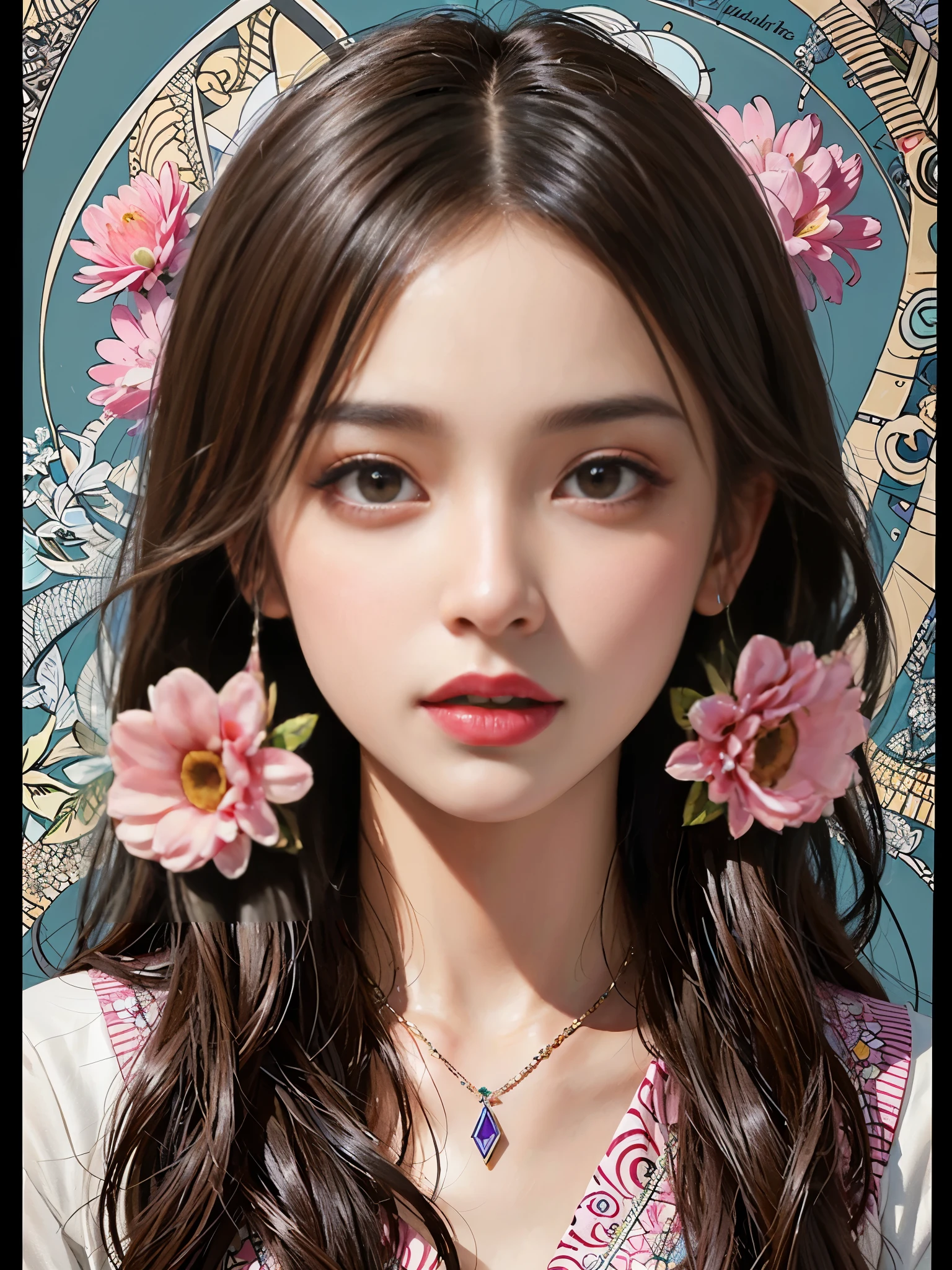 (ultra-detailed background, detailed background), confused, High resolution, Super detailed, very detailed, 1 girl, (bunch of flowers:1.3), (zentangle:1.2), (geometric:1.2),(colorful),pink lipstick,