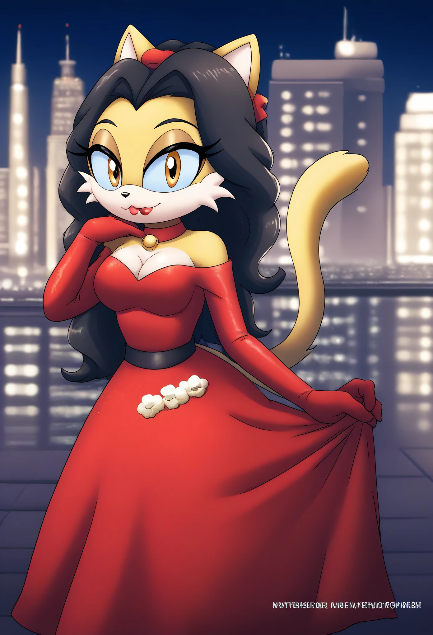 Female cat, (((Honey the Cat))), (1girl), (solo), black hair, yellow fur, hair down, long wavy hair, body, medium breasts, eyelashes, cute smile, makeup, light on the lipstick, dressed as Pauline from Super Mario series, (Pauline dress), (cosplay), red colored dress, Pauline attire, city, evening, mobian, mobius city