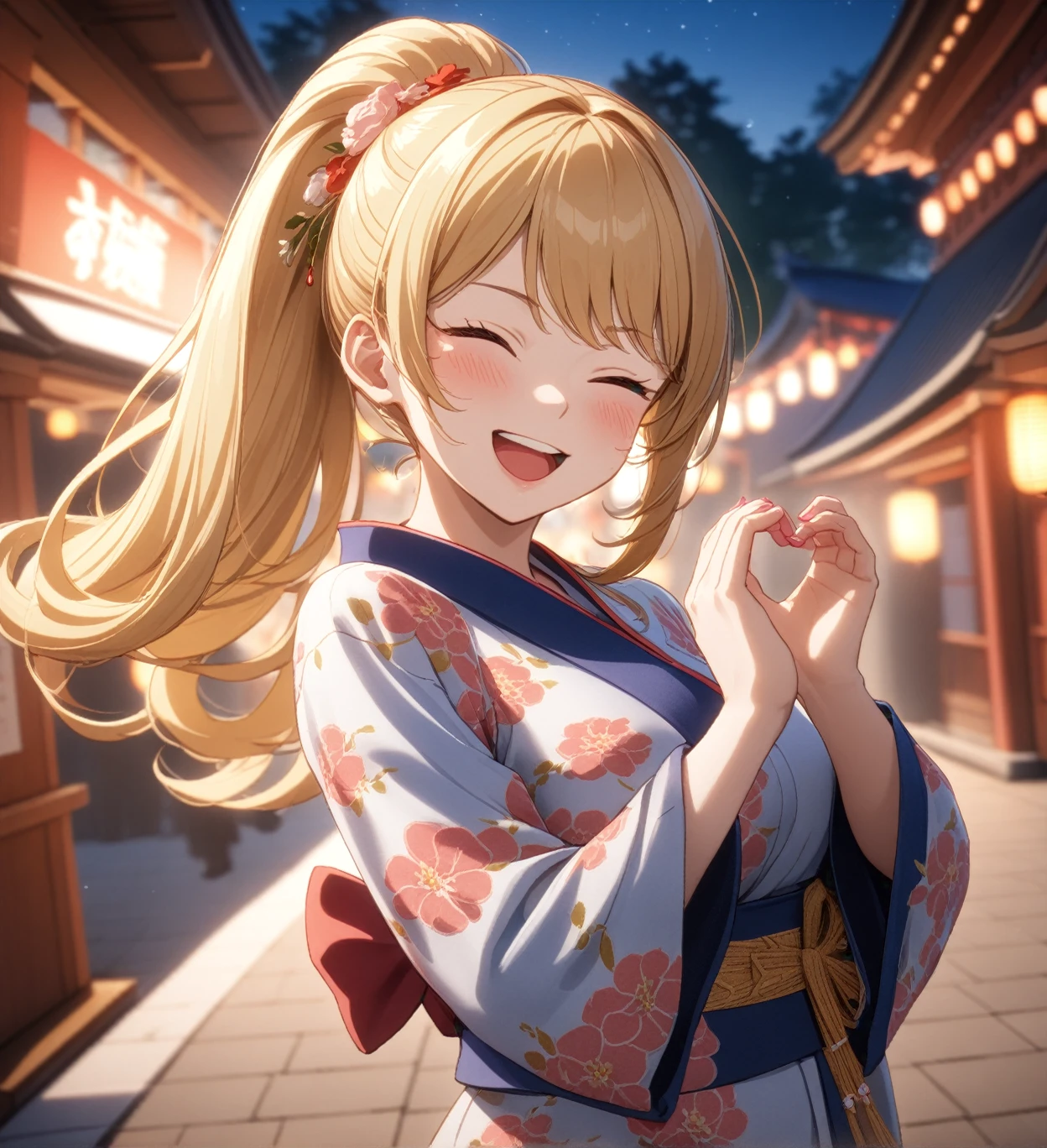 ((One woman)), Beautiful Face,Laughing embarrassedly,((Wink:2.0)),Blushing,Glossy pink lips,Abstract, night,shrine,Festivals, firework,((Anime style background)),masterpiece, highest quality, so beautiful, up to date, Complex details, (Pink long nails),AI-generated, Complex,High resolution, highest quality, super high quality,3D Images、View the viewers、3D Images,one person,Woman with long blonde hair,High Ponytail,blue eyes,Anime woman posing for a photo, [[Fine grain、Colorful eyes、Shining Eyes:1.15]],(Squint your eyes:1.1),a hyperRealistic , hyperRealistic , Realistic , Blonde anime woman with long hair, Smooth anime CG art, A woman in a gorgeous yukata with gold embroidery, Colorful yukata,Floral Yukata,Long flower hair ornament,Earrings,(Large Breasts:1.3),Mature Body,tall,Big Ass,Fine details,Abdominal muscles,Shooting from an angle,(A woman making a heart sign with her hands),Put your hands together,Tilt your face at an angle