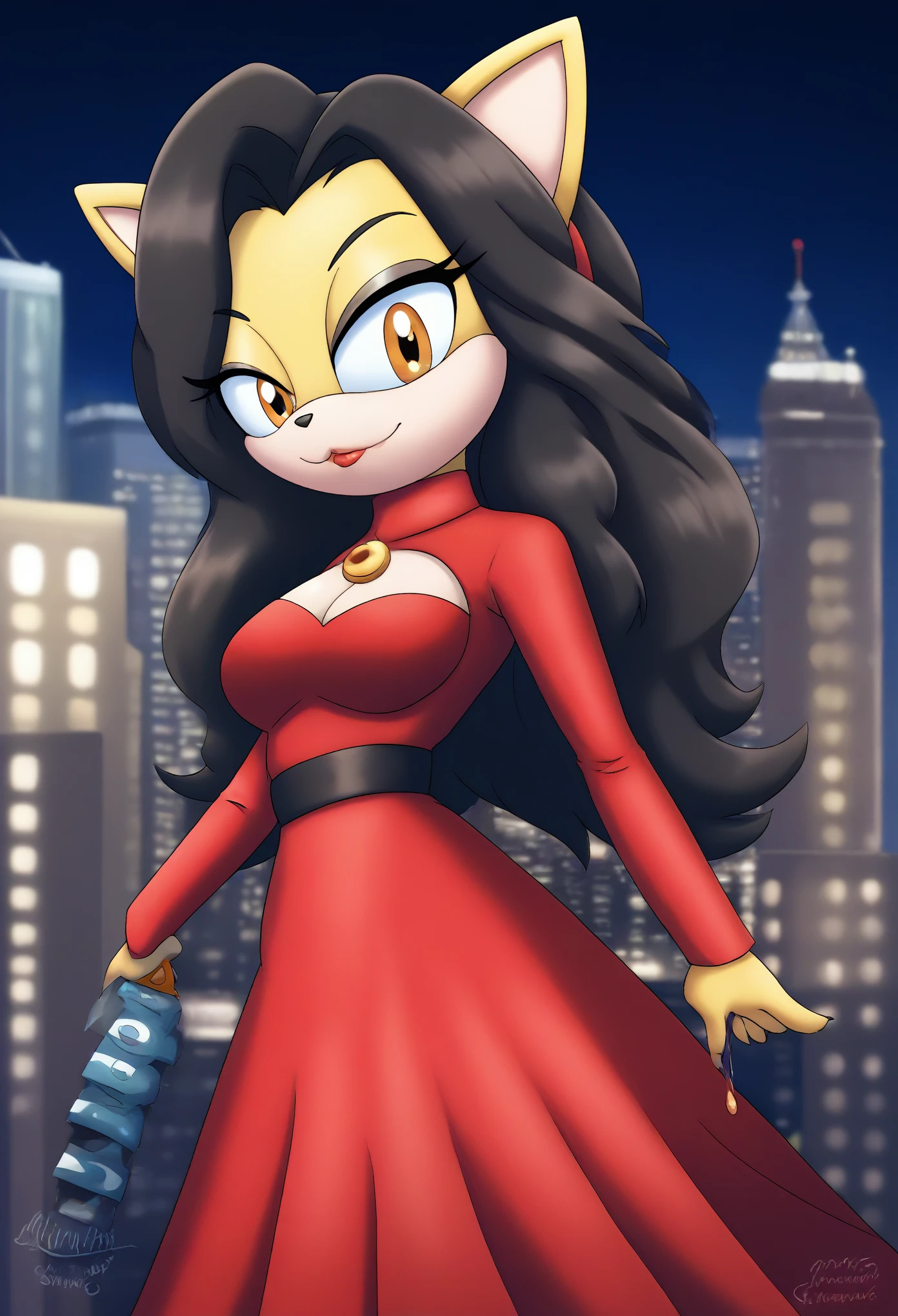 Female cat, (((Honey the Cat))), (1girl), (solo), black hair, yellow fur, hair down, long wavy hair, body, medium breasts, eyelashes, cute smile, makeup, light on the lipstick, dressed as Pauline from Super Mario series, (Pauline dress), (cosplay), red colored dress, Pauline attire, city, evening, mobian, mobius city
