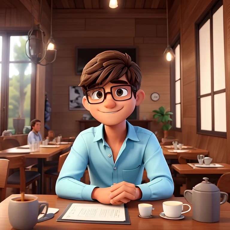 melhor qualidade, high resolution, imagem distinta, jovem, masculino, gordinho, with glasses, alto, cabelo curto e preto camisa social, suspensorio, dress pants, sapato social, sitting at the breakfast table with your cat, drinking coffee, gatos, preto, laranja e branco, roronando, em cima da mesa