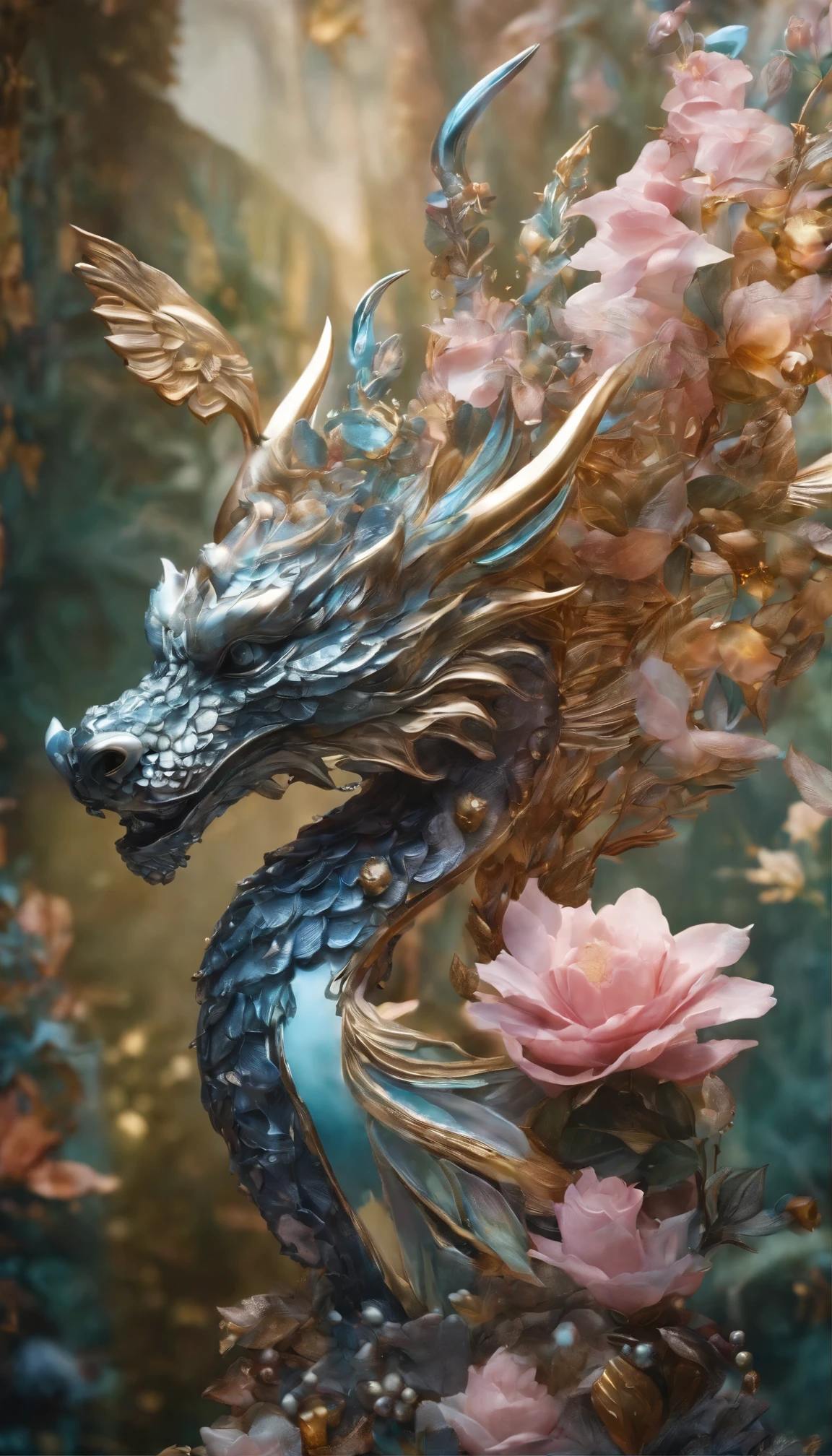 All expressed with jewels, the arrival of spring, various beautiful colorfull dragon, angles looking up from below, various jewels falling from the sky, wonderful and beautiful superb view, slightly hazy, fantastic, high resolution, 8K, (best quality, highres, realistic:1.37), shiny metallic flowers, intricate and delicate petals, reflective surfaces, vibrant colors, intricate details, close-up view, surreal garden, surreal beauty, dreamy atmosphere, fine art, abstract botanicals, metallic sculpture, contrasting textures, ethereal glow