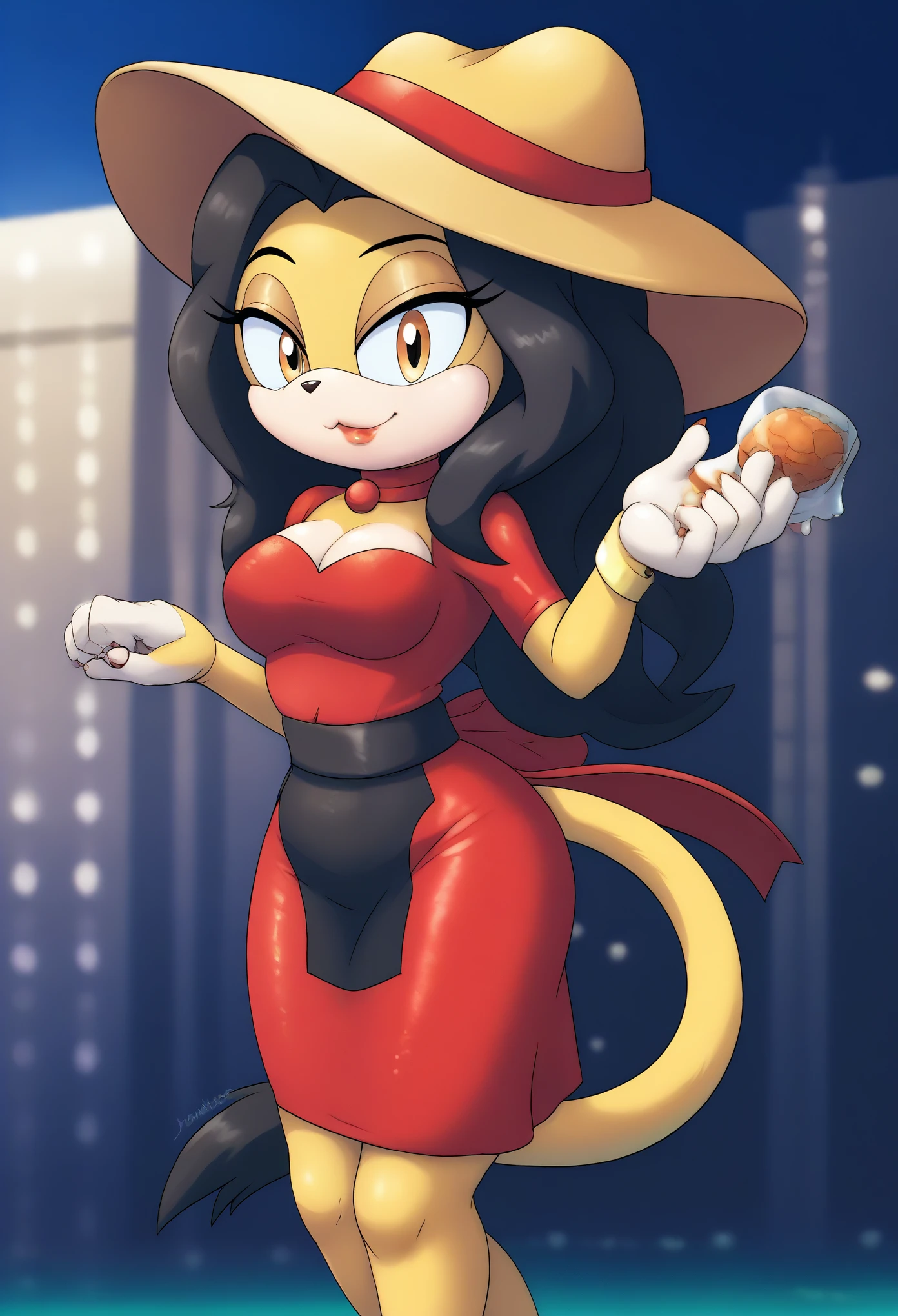 Female cat, (((Honey the Cat))), (1girl), (solo), black hair, yellow fur, hair down, long wavy hair, body, medium breasts, eyelashes, cute smile, makeup, light on the lipstick, dressed as Pauline from Super Mario series, (Pauline dress), (cosplay), red colored dress, Pauline attire, red wide brim hat, city, evening, mobian, mobius city
