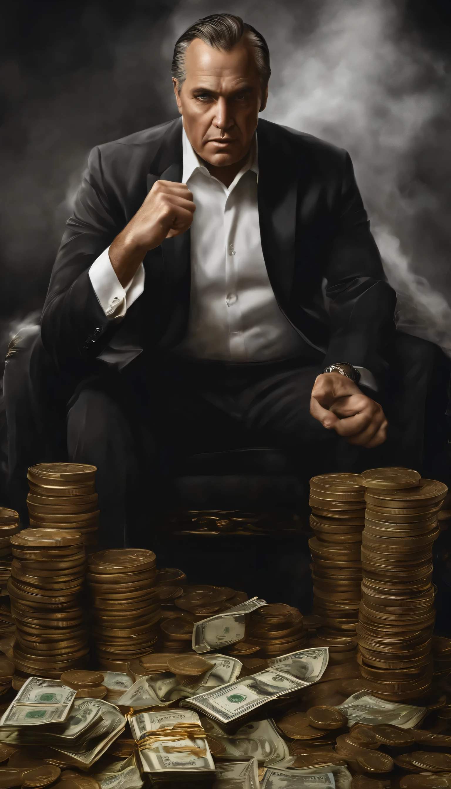 Homem lutando contra dinheiro, oil painting, Pinceladas duras, dramatic lighting, intense expression, Olhos determinados, segure os punhos, suor escorrendo pelo rosto, Terno amassado, correntes quebradas, Ruined dollar bills, Ruined stock market chart, Smoke rises in the background, Preto e branco com um toque de dourado, Realismo. (melhor qualidade, high resolution, ultra-detalhado), (realista:1.37), Profissional, cores vivas.