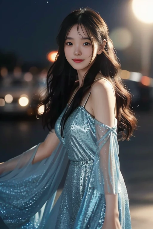movie 인물 사진, 1 woman, wavy shoulder length hair (Realistic detailed eyes, natural skin texture, Realistic facial details), soft dramatic lighting, depth of field, bokeh, Vibrant details, in detail, surrealist, 35mm film, hazy blur, movie,happy smile, dance, Wearing an elegant black sequin embroidered evening gown, moving, universe, Galaxy, bright star, night sky, universe 여행, Girl friend, hopeful