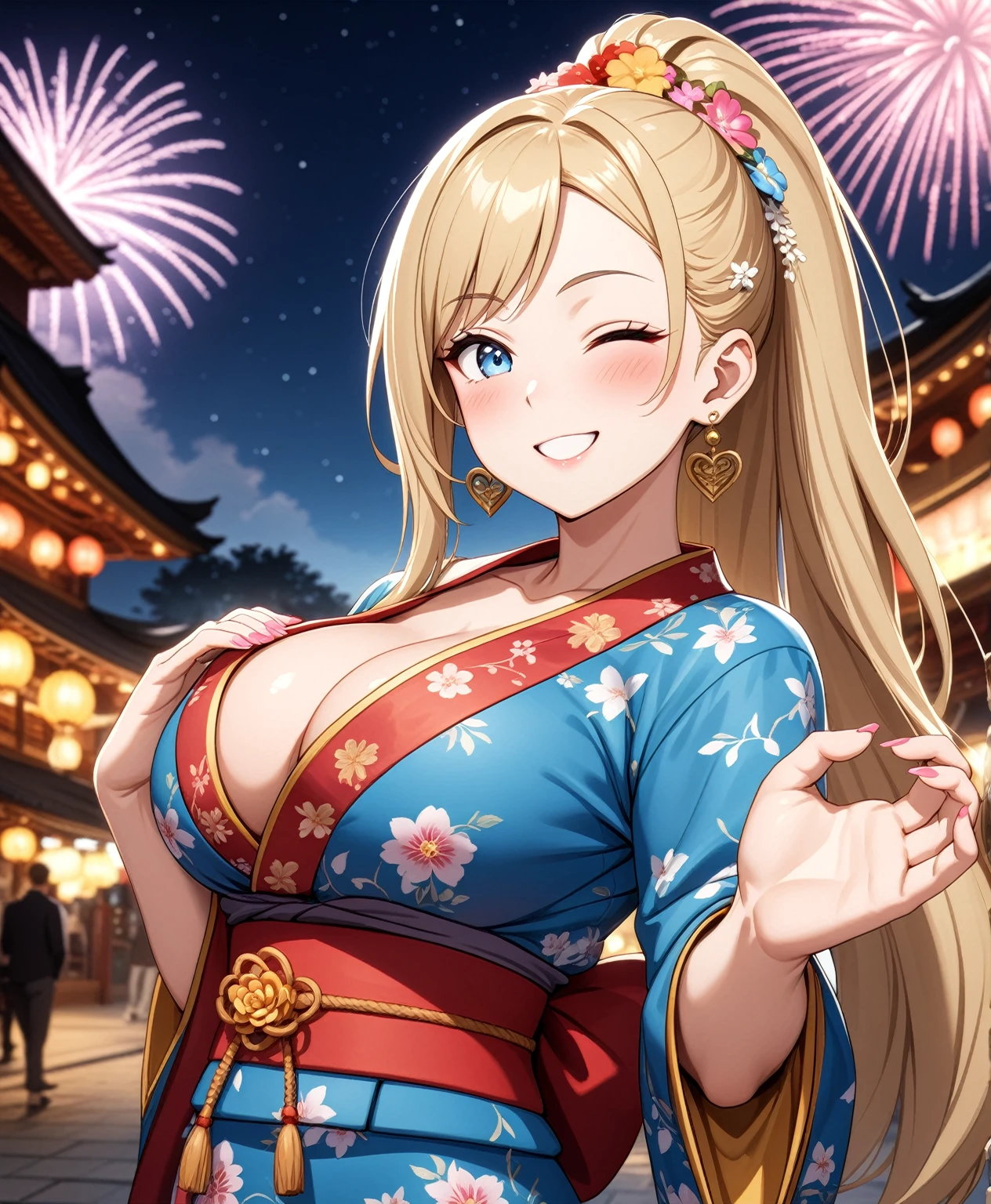 ((One woman)), Beautiful Face,Laughing embarrassedly,((Wink:2.0)),Blushing,Glossy pink lips,night,Shrine Festivals,firework, ((Anime style background)),masterpiece, highest quality, so beautiful, up to date, Complex details, (Pink long nails),AI-generated, Complex,High resolution, highest quality, super high quality,3D Images、View the viewers、3D Images,one person,Long Blonde Hair,High Ponytail,blue eyes,Anime woman posing for a photo, [[Fine grain、Colorful eyes、Shining Eyes:1.15]],(Squint your eyes:1.1),a hyperRealistic , hyperRealistic , Realistic,Tilt your face at an angle,Blonde anime woman with long hair, Smooth anime CG art, A woman in a colorful kimono with gold embroidery, blue kimono,Flower pattern kimono,Long flower hair ornament,Earrings,(Large Breasts:1.2),Mature Body,tall,Big Ass,Fine details,Trained abdominal muscles,(A woman making a heart sign with her hands),Put your hands together,