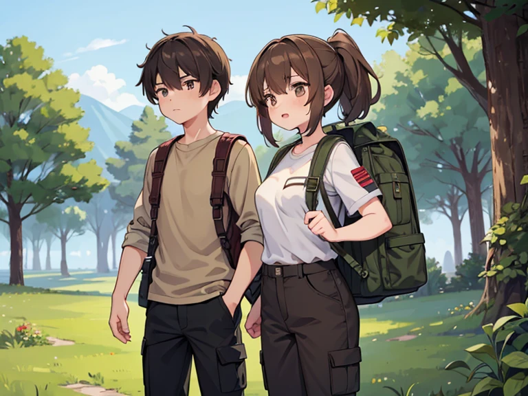 Two characters in a scene boy and girl (absolutely identical twins brother and sister)with the same cute beautiful girlish features, The first character is a handsome, modest, round-faced, brown-eyed boy with an ideal masculine physique., with semi-long brown hair tied in a ponytail, Military style (marsh color T-shirt, military style trousers with patch pockets, massive high infantry boots, backpack), and the second character is strong, very muscular feminist girl with aesthetic small breasts with beautiful erect nipples, with very tousled shaggy semi-long brown hair, hair between the eyes, Brown eyes, beautiful face, an athlete with well-developed proportional muscles, khaki racer jersey(absolutely no bra), military style trousers with patch pockets, massive high infantry boots, backpack; talk to each other, different emotions, free pose, free interaction with each other, against the backdrop of the nature of central Russia