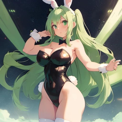 (Girl), (anime),(Full body portrait),(solo portrait), (young), (pretty), (hot), (white), (height 1.72 cm), (long green hair and green eyes), (21 years old), (super body mature),(with gigantic breasts with a bust size of 350cm),(big ass),(wearing),+,(A sex bunny outfit looking like a swimsuit showing legs and showing shoulders and strapless and with toy bunny ears on the head)