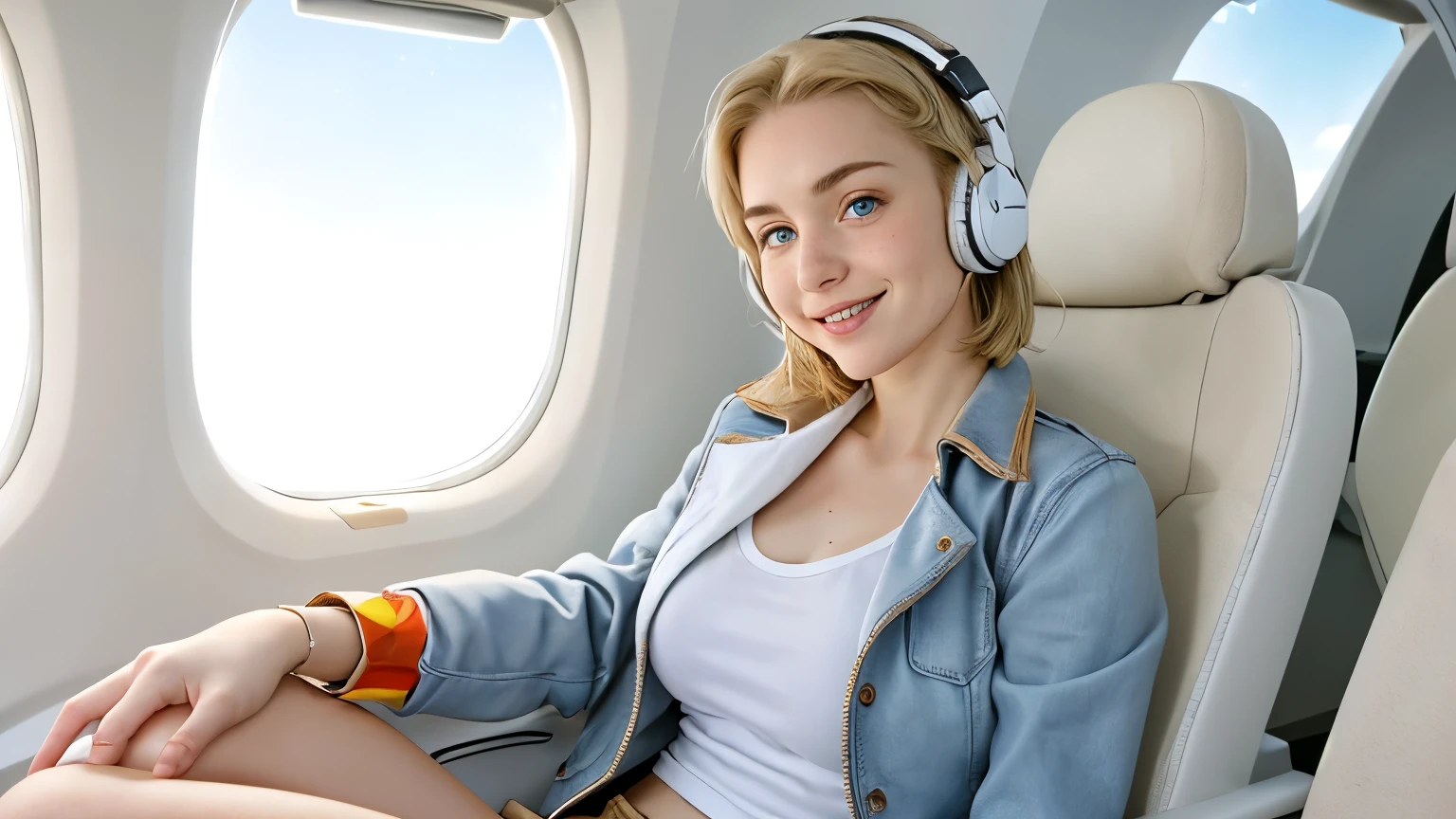 A 21-year-old girl named Kate, with short blonde hair, beautiful medium-sized breasts, height of 1.60m, white British style, light blue eyes. Kate is beautiful, with an angelic face, and has freckles in the nose area. She is wearing a beige leather women's jacket with a white shirt, very light jeans, and white sneakers. Kate is wearing modern white headphones. She is sitting in an airplane seat, slightly looking to the side at the camera. Kate is happy.