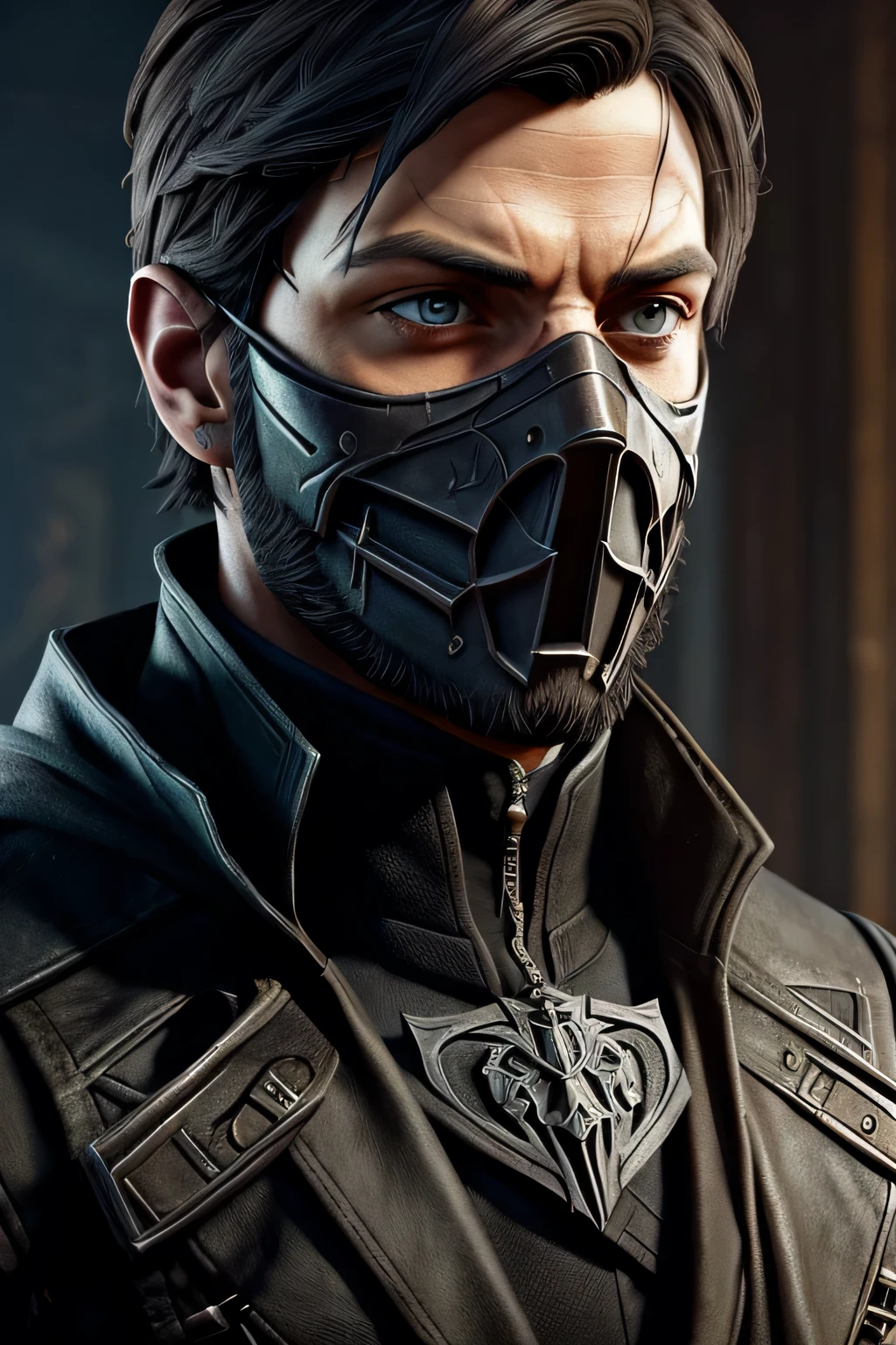 A detailed disney-style portrait of Corvo Attano from Dishonored, wearing his iconic mask, detailed facial features, masterful lighting, vibrant colors, intricate texture, cinematic composition, photorealistic, 8k
