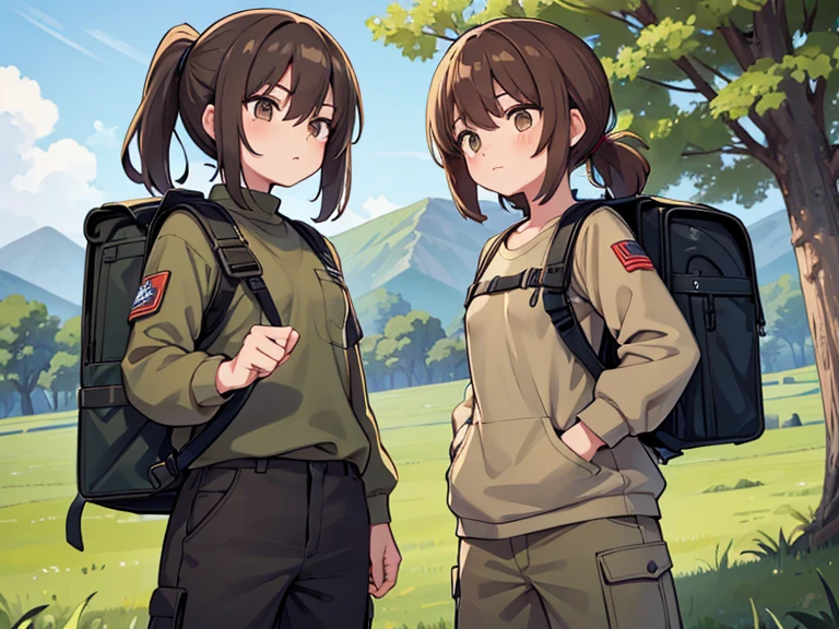 Two characters in a scene boy and girl (absolutely identical twins brother and sister)with the same cute beautiful girlish features, The first character is a handsome, modest, round-faced, brown-eyed boy with an ideal masculine physique., with semi-long brown hair tied in a ponytail, Military style (marsh color T-shirt, military style trousers with patch pockets, massive high infantry boots, backpack), and the second character is strong, very muscular feminist girl with aesthetic small breasts with beautiful erect nipples, with very tousled shaggy semi-long brown hair, hair between the eyes, Brown eyes, beautiful face, an athlete with well-developed proportional muscles, khaki racer jersey(absolutely no bra), military style trousers with patch pockets, massive high infantry boots, backpack; talk to each other, different emotions, free pose, free interaction with each other, against the backdrop of the nature of central Russia 