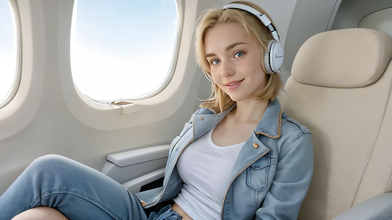 A 21-year-old girl named Kate, with short blonde hair, beautiful medium-sized breasts, height of 1.60m, white British style, light blue eyes. Kate is beautiful, with an angelic face, and has freckles in the nose area. She is wearing a beige leather women's jacket with a white shirt, very light jeans, and white sneakers. Kate is wearing modern white headphones. She is sitting in an airplane seat, slightly looking to the side at the camera. Kate is happy.