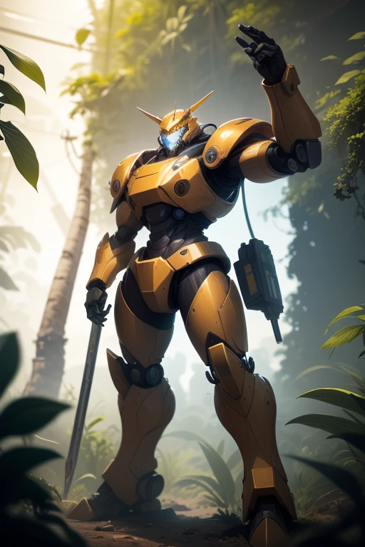 an amazon mecha warrior, dans la jungle