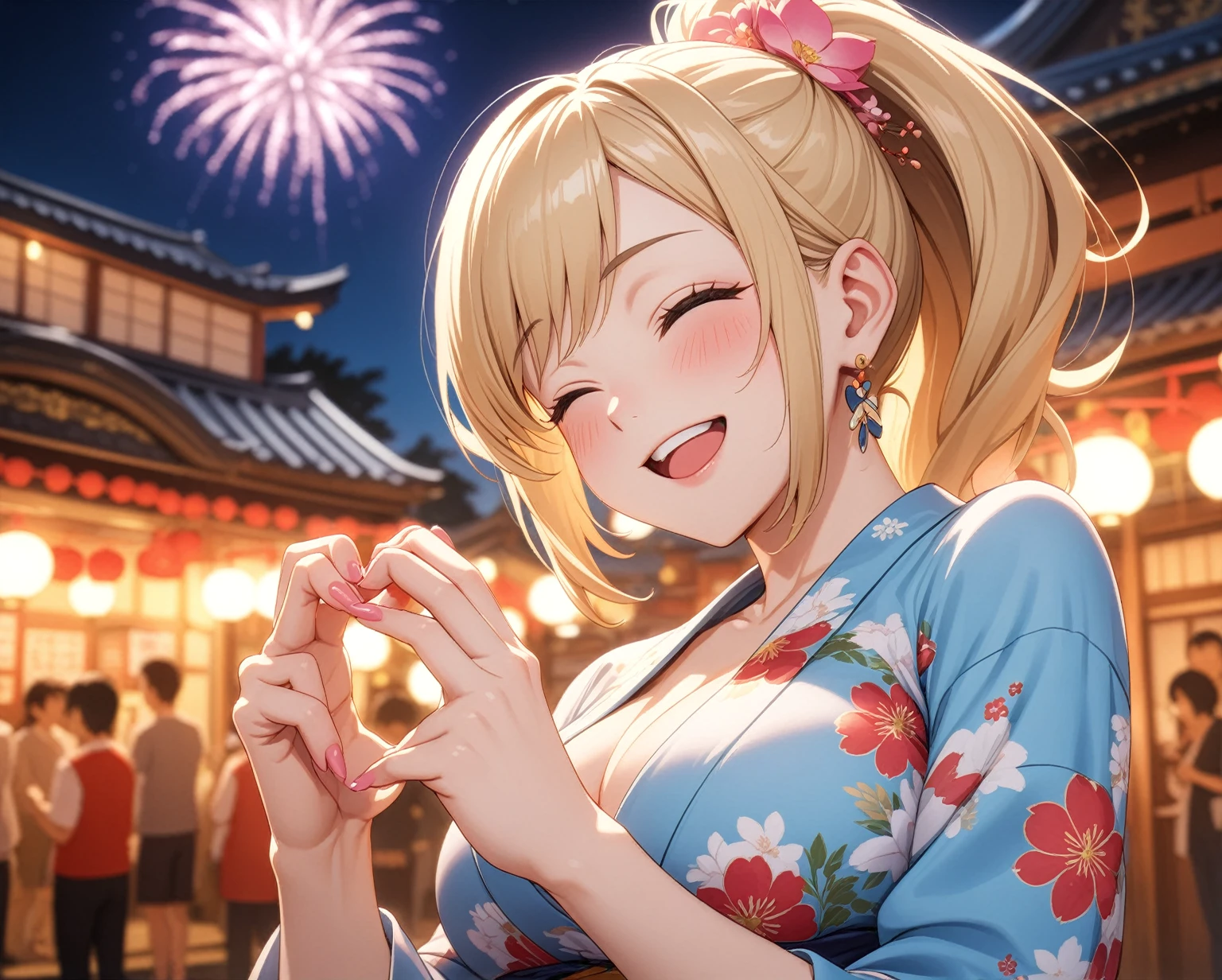 ((One woman)), Beautiful Face,Laughing embarrassedly,((Wink:2.0)),Blushing,Glossy pink lips,Abstract, night,shrine,Festivals, firework,((Anime style background)),masterpiece, highest quality, so beautiful, up to date, Complex details, (Pink long nails),AI-generated, Complex,High resolution, highest quality, super high quality,3D Images、View the viewers、3D Images,one person,Woman with long blonde hair,High Ponytail,blue eyes,Anime woman posing for a photo, [[Fine grain、Colorful eyes、Shining Eyes:1.15]],(Squint your eyes:1.1),a hyperRealistic , hyperRealistic , Realistic , Tilt your face at an angle,Blonde anime woman with long hair, Smooth anime CG art, A woman in a gorgeous yukata with gold embroidery, Colorful yukata,Floral Yukata,Long flower hair ornament,Earrings,(Large Breasts:1.3),Mature Body,tall,Big Ass,Fine details,Abdominal muscles,(A woman making a heart sign with her hands),Put your hands together