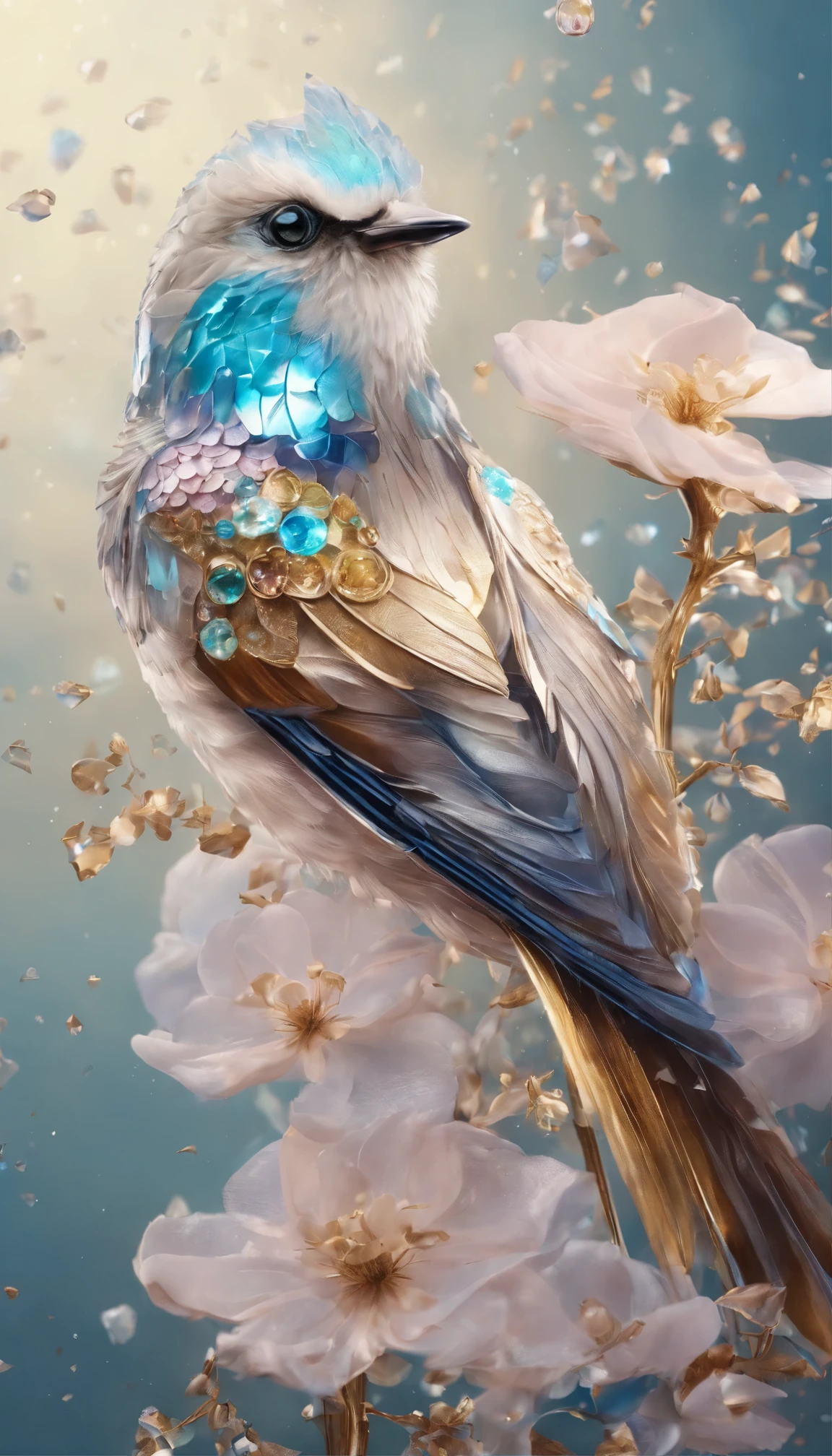 All expressed with jewels, the arrival of spring, various beautiful birds,
, angles looking up from below, various jewels falling from the sky, wonderful and beautiful superb view, slightly hazy, fantastic, high resolution, 8K, (best quality, highres, realistic:1.37), shiny metallic flowers, intricate and delicate petals, reflective surfaces, vibrant colors, intricate details, close-up view, surreal garden, surreal beauty, dreamy atmosphere, fine art, abstract botanicals, metallic sculpture, contrasting textures, ethereal glow