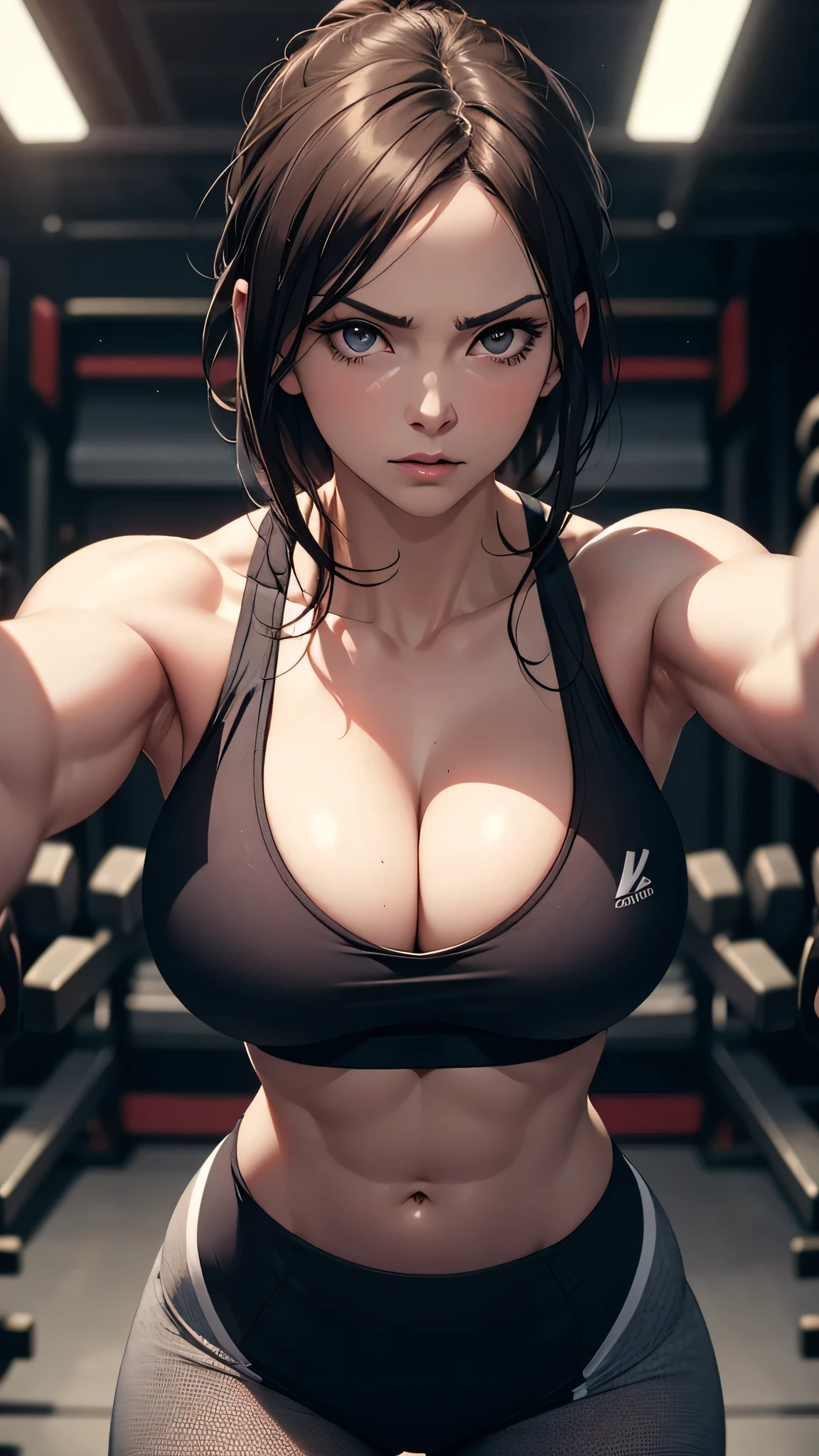 a sexy woman, perfect firm breasts, cleavage, beautiful face, intense gaze, sports bra, tight fitting, athletic body, muscular, fit, strong, powerful, dynamic pose, action, motion blur, studio lighting, high quality, hyper realistic, cinematic, dramatic