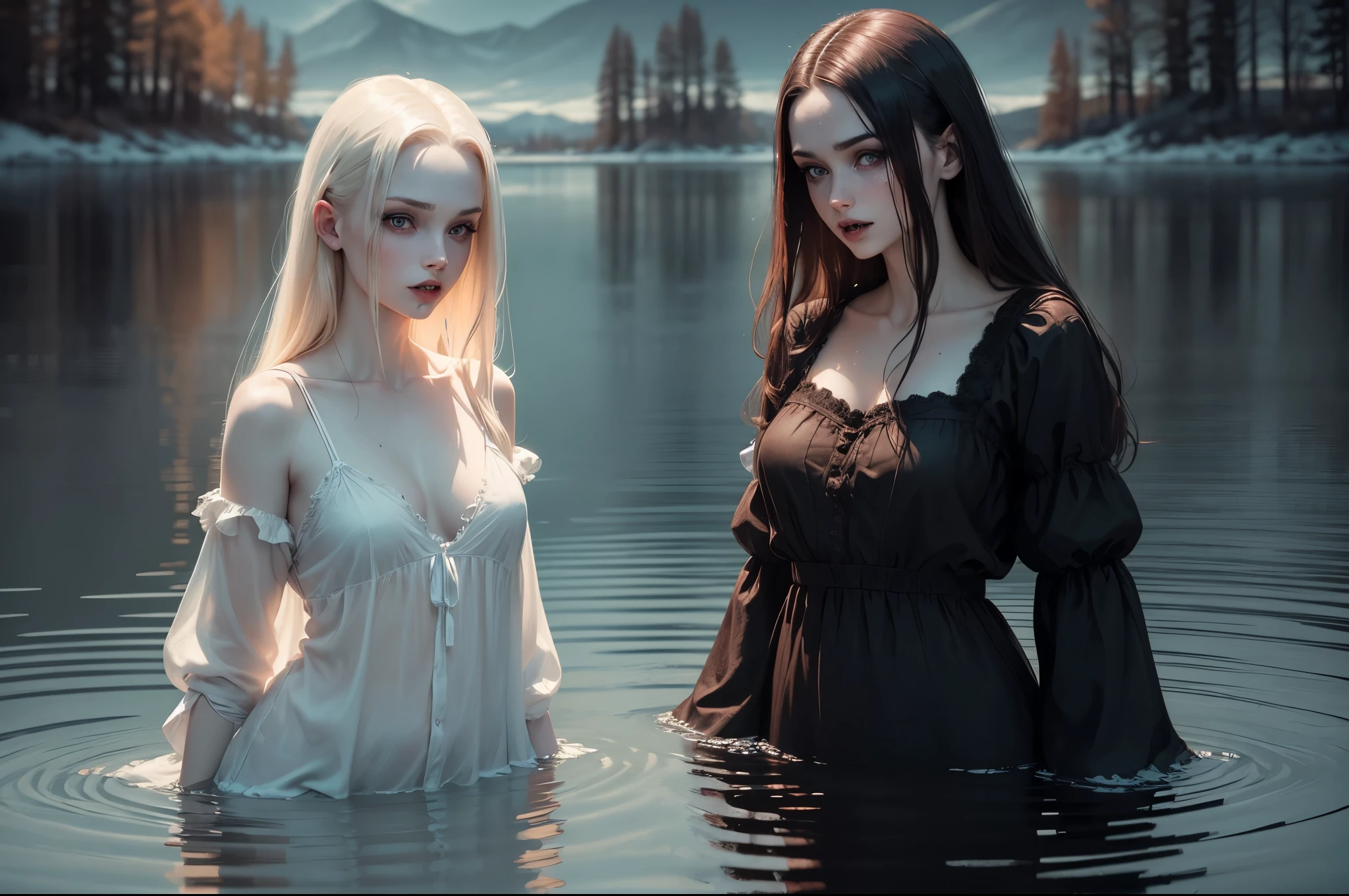 (((Night))) ((a deserted lake)) 3 Vampire women, (full body), 1 brunette, 1 blonde, 1 redhead, pale skin, fangs bared, sexy pale nightgown, looking at viewer, rises out of the water, soaking wet. style of a painted book illustration, dramatic lighting, (depth of field), ((masterpiece)), ((best quality)), ((highly detailed))