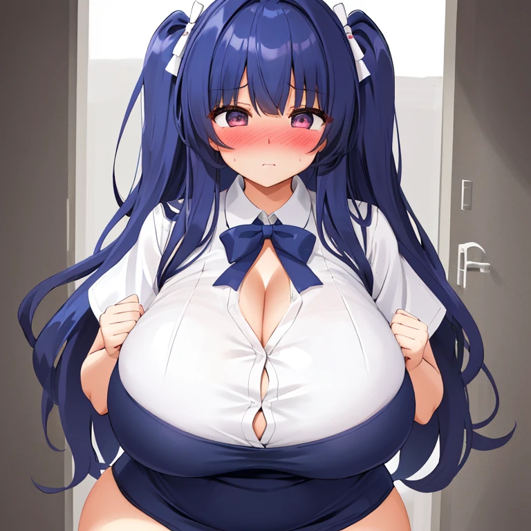 Huge Cleavage, (Extra Thick, Extra Big Thighs), (Extra Huge Breasts, Extremely Overinflated Breasts), Cute Girl with an ((Extremely Embarrassed Expression, Intensely Blushing)), Her Breasts are too exceedingly Huge, and are overfilling her shirt.