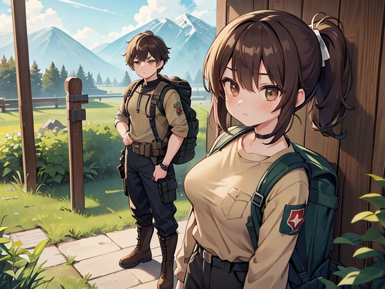 Two characters in a scene boy and girl (absolutely identical twins brother and sister)with the same cute beautiful girlish features, The first character is a handsome, modest, round-faced, brown-eyed boy with an ideal masculine physique., with semi-long brown hair tied in a ponytail, Military style (marsh color T-shirt, military style trousers with patch pockets, massive high infantry boots, backpack), and the second character is strong, very muscular feminist girl with aesthetic small breasts with beautiful erect nipples, with very tousled shaggy semi-long brown hair, hair between the eyes, Brown eyes, beautiful face, an athlete with well-developed proportional muscles, khaki racer jersey(absolutely no bra), military style trousers with patch pockets, massive high infantry boots, backpack; talk to each other, different emotions, free pose, free interaction with each other, against the backdrop of the nature of central Russia 
