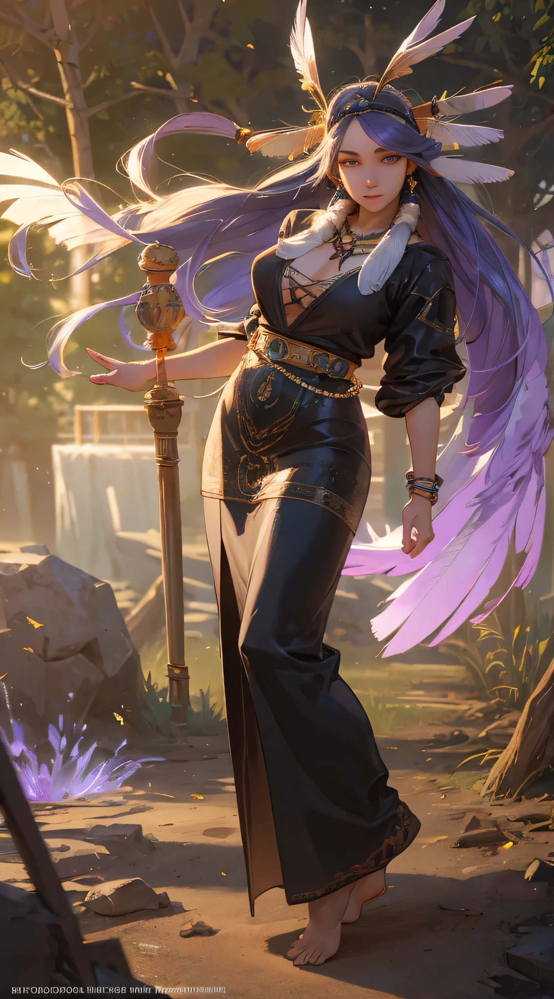 (full body), solo, detailed background, detailed face, wise, (female), (native american), (beautiful hair, braids:0.2), mystical, (gorgeous face), stunning, (eyes open, serene expression), , leather frayed clothes, prayer beads, dreamcatcher, tribal jewelry, feathers in hair, headdress:0.33, amethyst, obsidian, detailed clothing, extravagant clothing, cleavage, realistic skin texture, (floating particles, trees, nature, ritual, whirlwind, wind:1.2), sharp focus, volumetric lighting, good highlights, good shading, subsurface scattering, intricate, highly detailed, ((cinematic)), dramatic, (highest quality, award winning, masterpiece:1.5), (photorealistic:1.5), (intricate symmetrical warpaint:0.5),