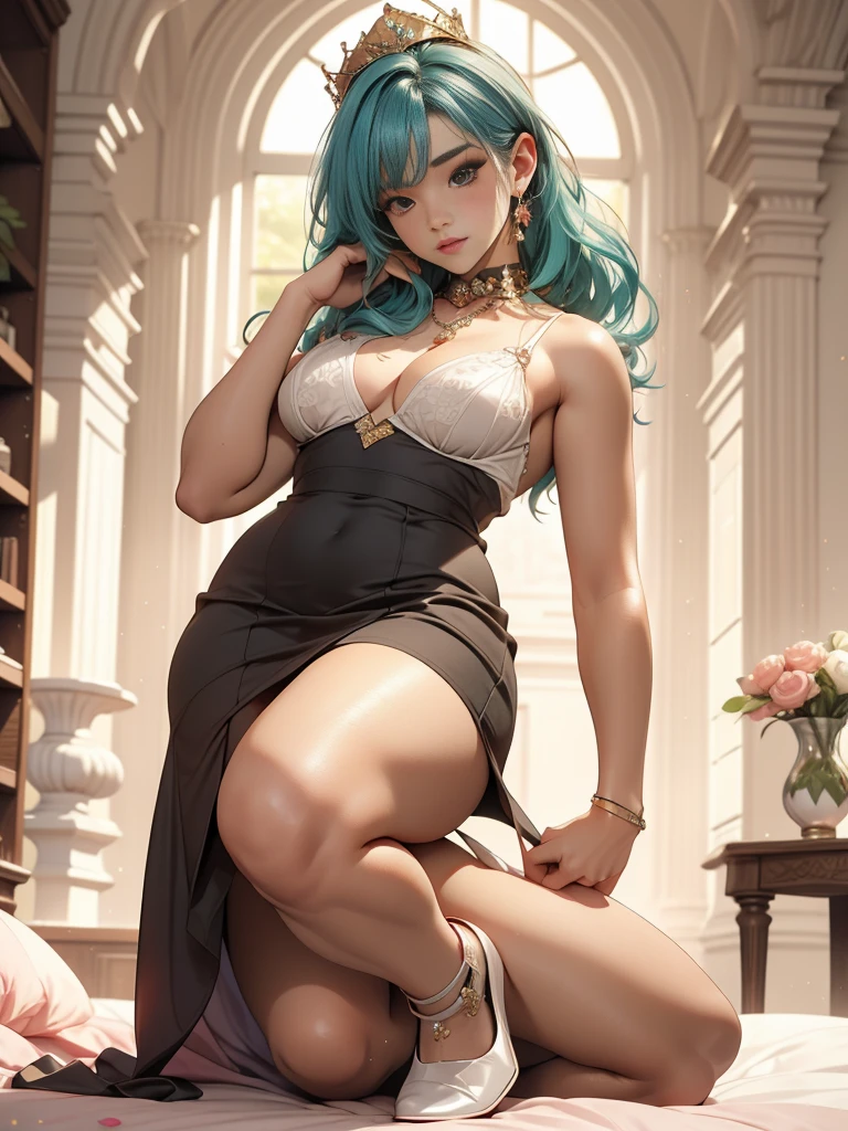 Full body photo, 1woman, sexy slut, slutty thick curvy body, small breast, royal outfit, long bulma hair, pastel color scheme