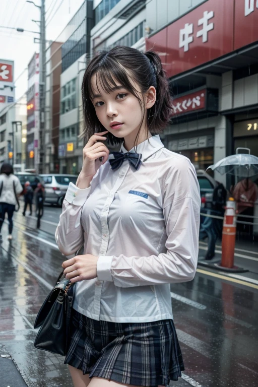 (8KVery detailedな壁紙, RAW Photos, highest quality, masterpiece:1.2), (Realistic、Photorealistic:1.1), (Perfect Anatomy:1.2), horizontal distance method, Look forward, Natural Hands, Natural Eyes, Very detailed, thin, thin, Slim waist, 1 girl, Super cute school girl, Japanese, 17 years old, Please keep your mouth shut, stand, ((Daytime Rain:1.6)), (On a street corner in Akihabara, on the road, Blur the background:1.8), (Dark blue uniform), Mid-chest, trap, Octane Rendering, Ultra Sharp, Fine and beautiful eyes, ( Patterned ribbon:1.3), (A white shirt with a long sleeve and a collar:1.3), Red Plaid Pleated Skirt, Shiny brown hair, (Shaggy Hair:1.4), walk, disappointed , Very moving and spectacular movie lighting,