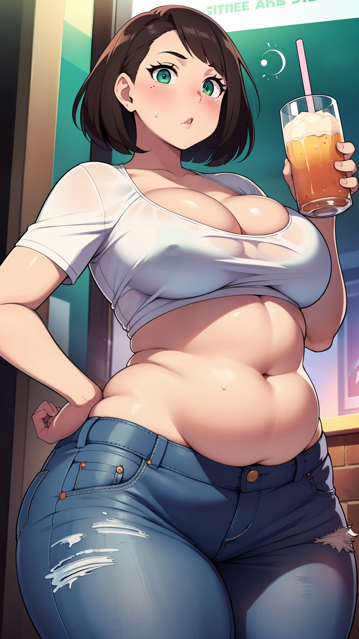 ((highres)), Masterpiece, high quality, best quality, beautiful, perfect lighting, detailed face, ultra cute face, ((1girl)), ((solo)), (blush), short brown hair, green eyes, jeans, white crop top, fast food restaurant, cleavage, medium breasts, ((wide hips)), (thick thighs), (chubby), chubby belly, fat folds, belly hang, hand on hip, holding drink