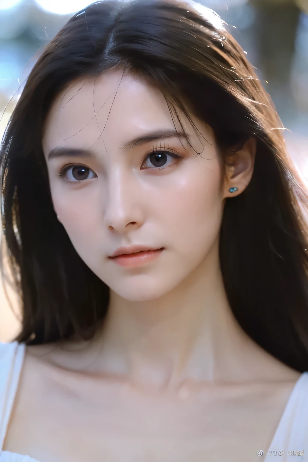 8k、High resolution、Beautiful Girl of the Wizard、young、white skin,、narrow eyes,high nose,lighting that illuminates the face、clear image、intellectual beauty、skinny、no makeup、The expression you show to your lover,shining hair、single eyelid, relax on vacation, (28-year-old woman:1.3), ((3/4 view photograph )), ((3/4 angle photograph)), ((closed mouth)),
