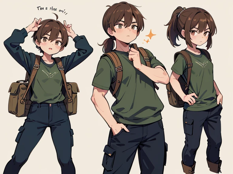 Two characters in a scene boy and girl (absolutely identical twins brother and sister)with the same cute beautiful girlish features, The first character is a handsome, modest, round-faced, brown-eyed boy with an ideal masculine physique., with semi-long brown hair tied in a ponytail, Military style (marsh color T-shirt, military style trousers with patch pockets, massive high infantry boots, backpack), and the second character is strong, very muscular feminist girl with aesthetic small breasts with beautiful erect nipples, with very tousled shaggy semi-long brown hair, hair between the eyes, Brown eyes, beautiful face, an athlete with well-developed proportional muscles, khaki racer jersey(absolutely no bra), military style trousers with patch pockets, massive high infantry boots, backpack; talk to each other, different emotions, free pose, free interaction with each other, against the backdrop of the nature of central Russia