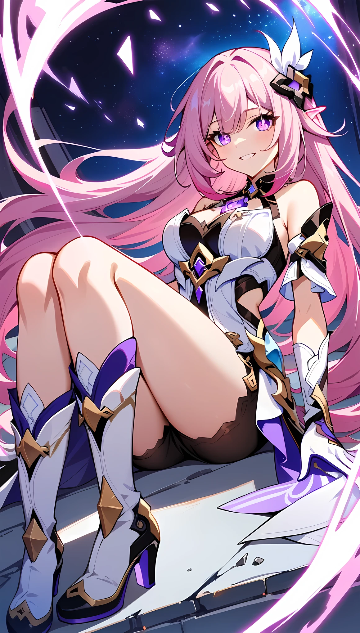 masterpiece, best quality, very aesthetic, absurdres, newest,1girl,
elysia_(honkai_impact), honkai_(series), honkai_impact_3rd, elysia_(herrscher_of_human:ego)_(honkai_impact), 1girl, bare_shoulders, black_shorts, boots, breasts, elbow_gloves, elf, gloves, hair_between_eyes, hair_ornament, high_heel_boots, high_heels,multicolored_hair, pink_hair, pink_pupils, pointy_ears, purple_eyes, shirt, shorts,thighs, two-tone_hair, white_footwear, white_gloves, white_shirt, zettai_ryouiki, smile, star_(sky), starry_sky, sky, broken_glass, glass,