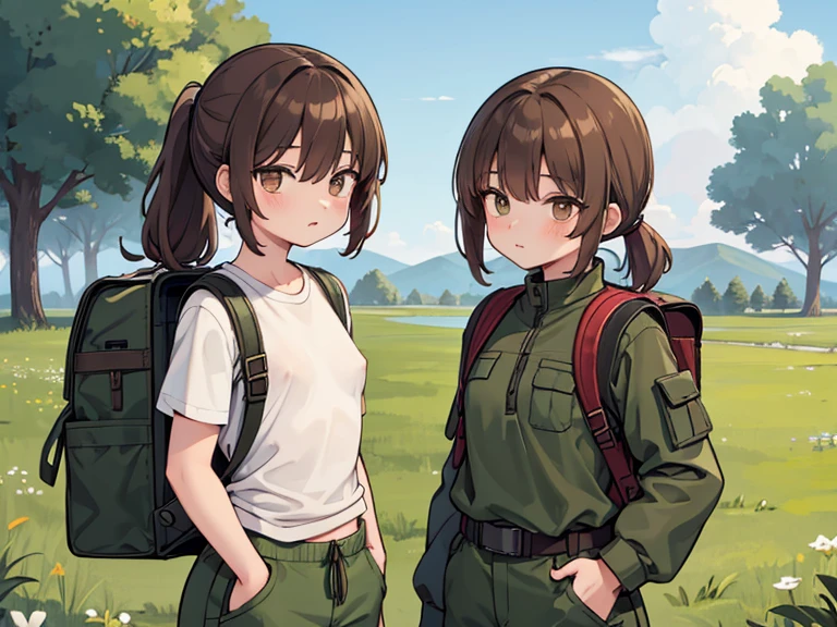 Two characters in a scene boy and girl (absolutely identical twins brother and sister)with the same cute beautiful girlish features, The first character is a handsome, modest, round-faced, brown-eyed boy with an ideal masculine physique., with semi-long brown hair tied in a ponytail, Military style (marsh color T-shirt, military style trousers with patch pockets, massive high infantry boots, backpack), and the second character is strong, very muscular feminist girl with aesthetic small breasts with beautiful erect nipples, with very tousled shaggy semi-long brown hair, hair between the eyes, Brown eyes, beautiful face, an athlete with well-developed proportional muscles, khaki racer jersey(absolutely no bra), military style trousers with patch pockets, massive high infantry boots, backpack; talk to each other, different emotions, free pose, free interaction with each other, against the backdrop of the nature of central Russia