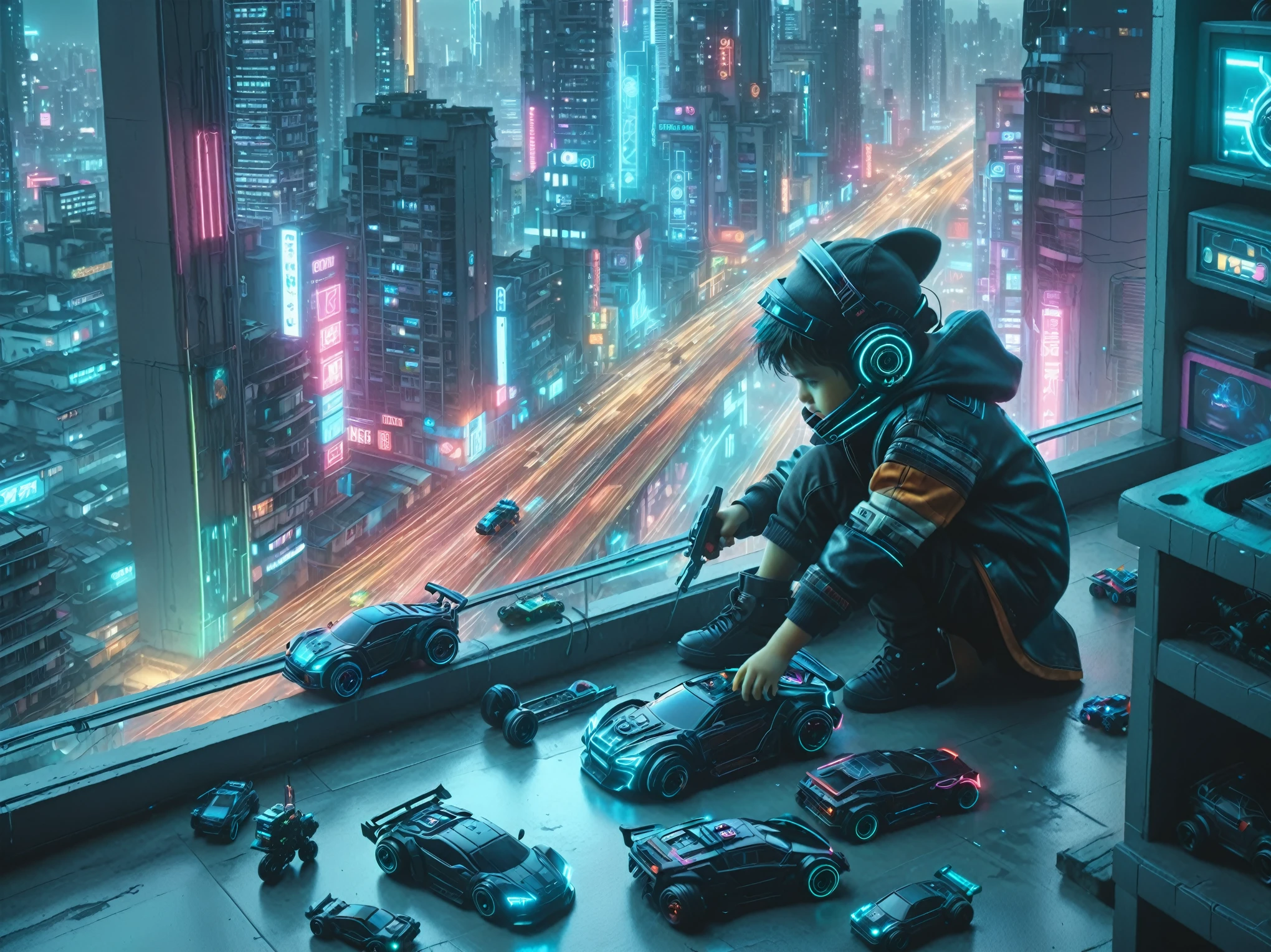 male ??? of 7 years play his car toys, in the Deep balcony,, 8k white background, in the distance look an city cyberpunk, cyberpunk colors, neon, HD, 8k, masterpiece