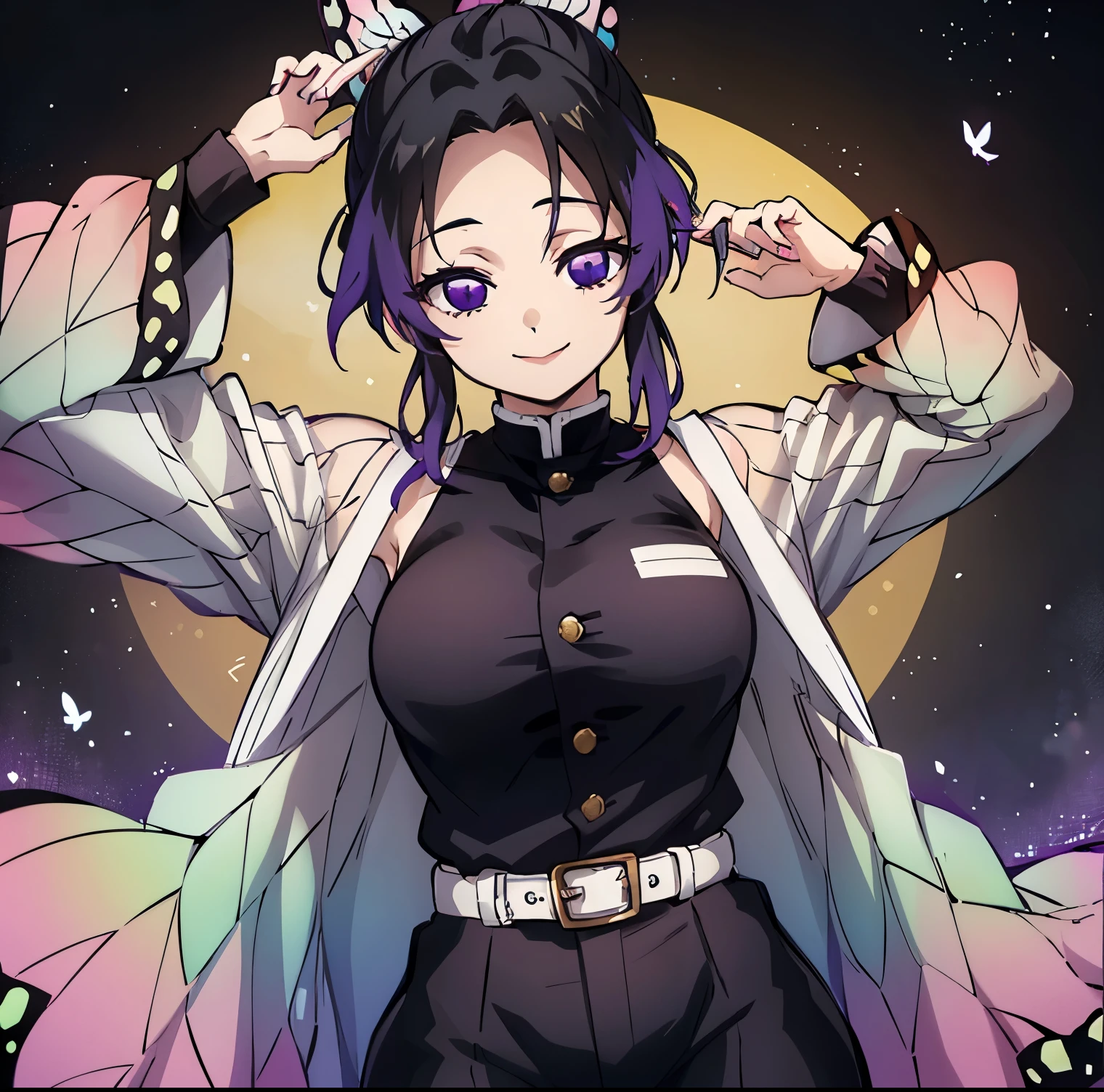 1 girl, alone, shinobu kochou, multicolored hair, no bangs, hair clips, purple eyes, forehead, black shirt, neckline, black pants, haori, butterfly, buttons, belt, Japanese mansion, ((best quality)), ((very detailed)), masterpiece, absurdities, (detailed eyes, deep eyes), detailed pupils, 1 woman, (happy:1.1), (smile:1.2), looking at viewer, head on, pov (from below) ,bright face, sexy body, big breasts, narrow waist, medium hips, wide thighs, perfect hands, perfect anatomy