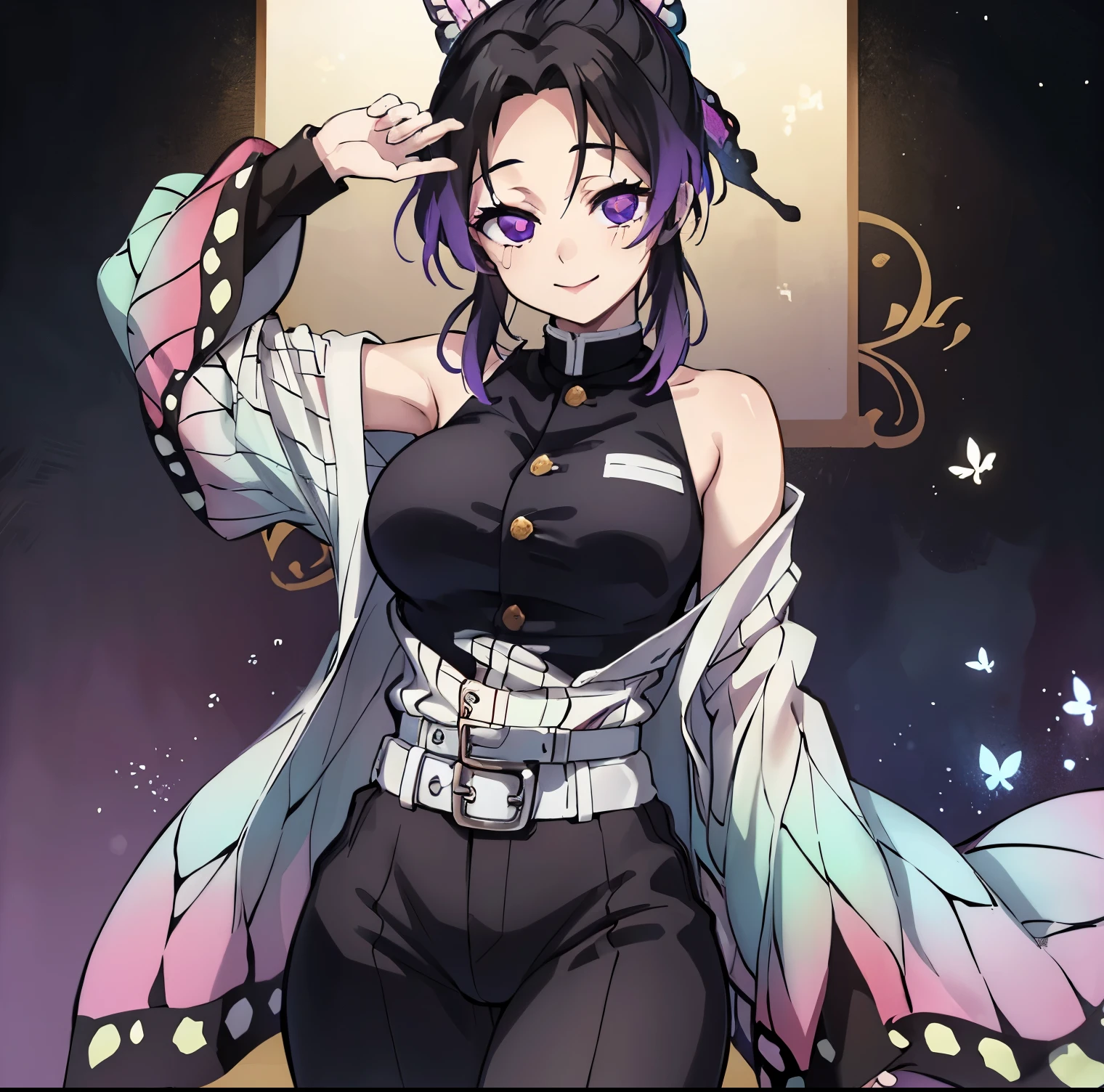 1 girl, alone, shinobu kochou, multicolored hair, no bangs, hair clips, purple eyes, forehead, black shirt, neckline, black pants, haori, butterfly, buttons, belt, Japanese mansion, ((best quality)), ((very detailed)), masterpiece, absurdities, (detailed eyes, deep eyes), detailed pupils, 1 woman, (happy:1.1), (smile:1.2), looking at viewer, head on, pov (from below) ,bright face, sexy body, big breasts, narrow waist, medium hips, wide thighs, perfect hands, perfect anatomy