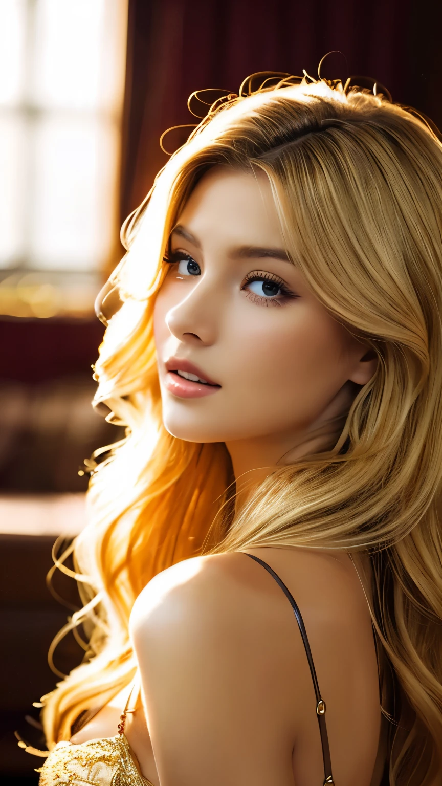 My hot blond stepsister in lingerie is holding me, wavy long hair, gold, luxery photo , glamour photo, side view, rays of light, v-string, long lashes